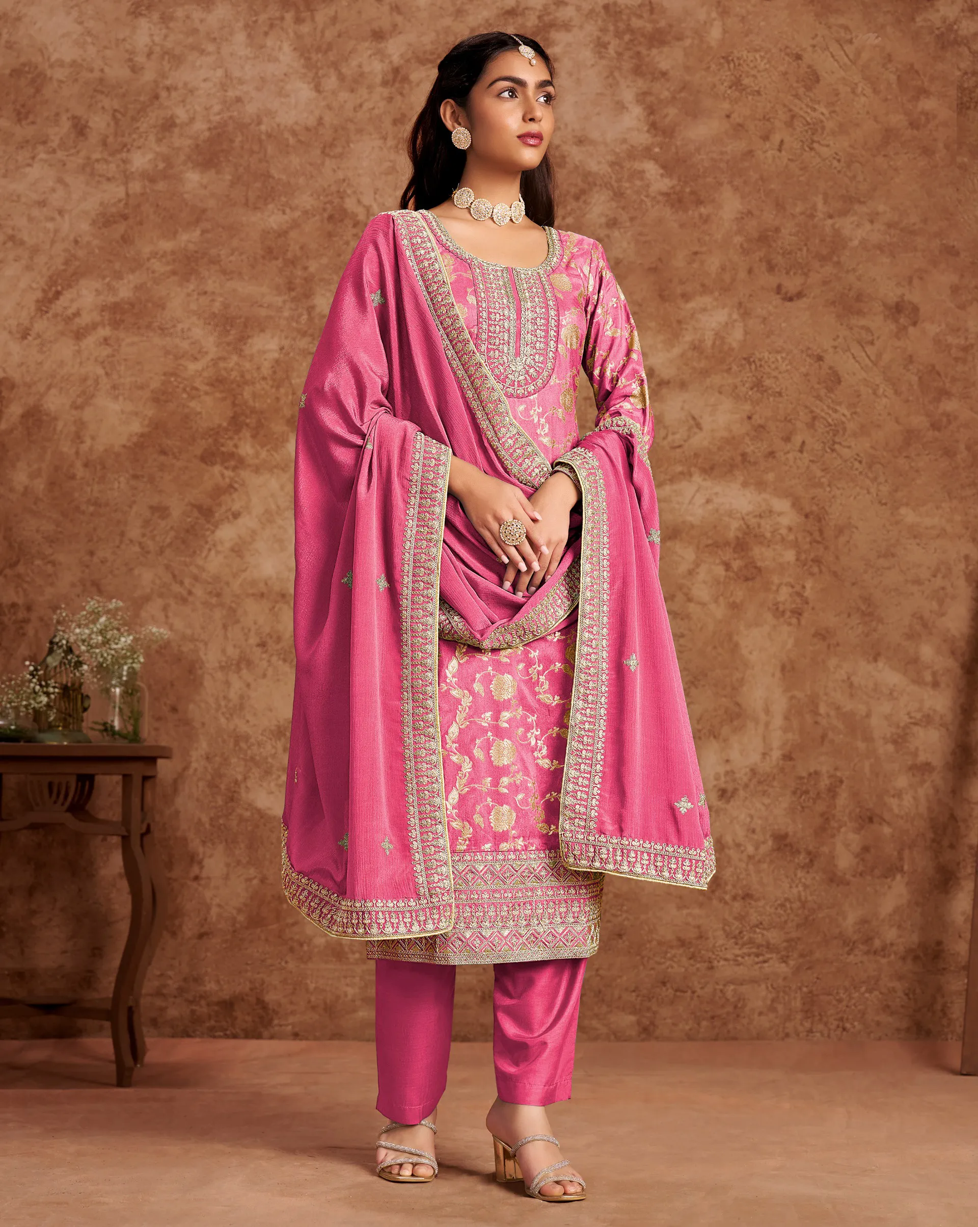 Pink Dola Jacquard Heavy Embroidered Unstitched Salwar Suit
