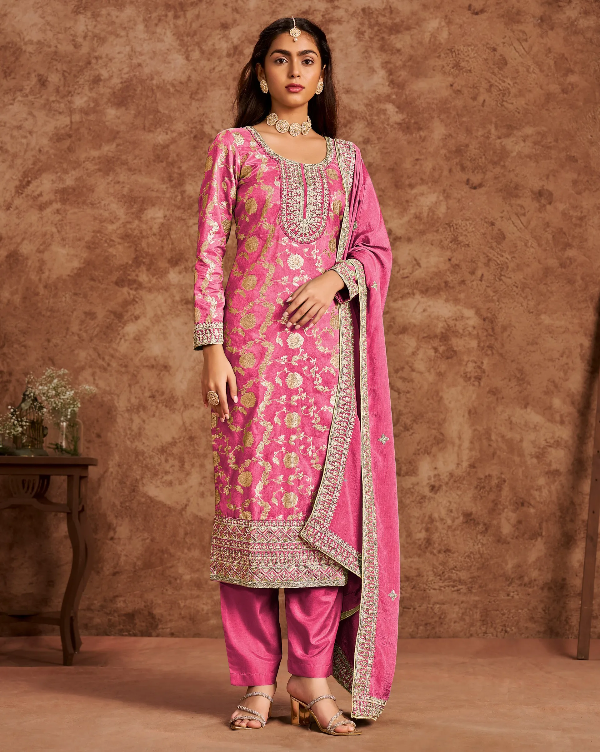Pink Dola Jacquard Heavy Embroidered Unstitched Salwar Suit - Image 2