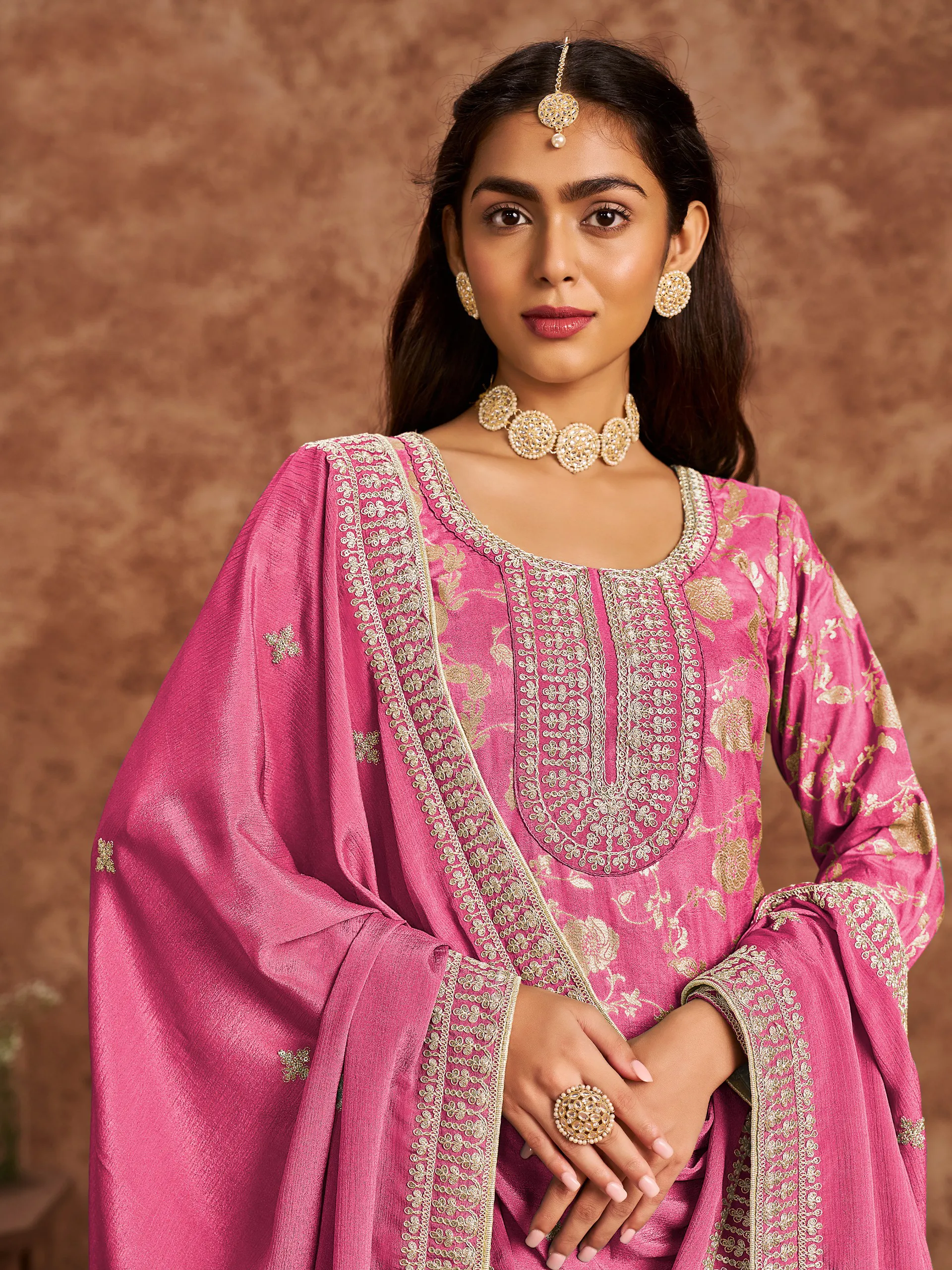 Pink Dola Jacquard Heavy Embroidered Unstitched Salwar Suit - Image 3