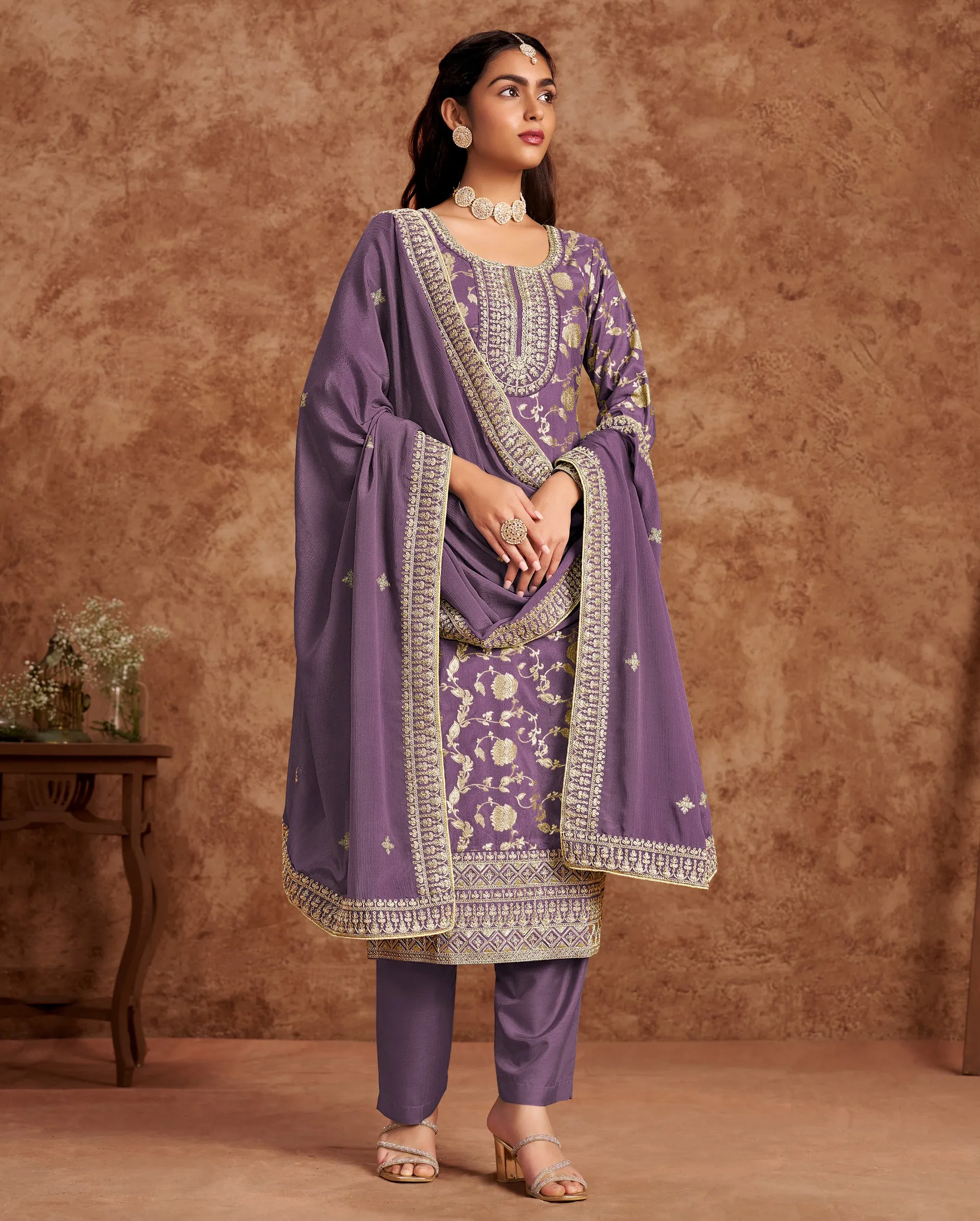 Purple Dola Jacquard Heavy Embroidered Unstitched Salwar Suit - Image 2