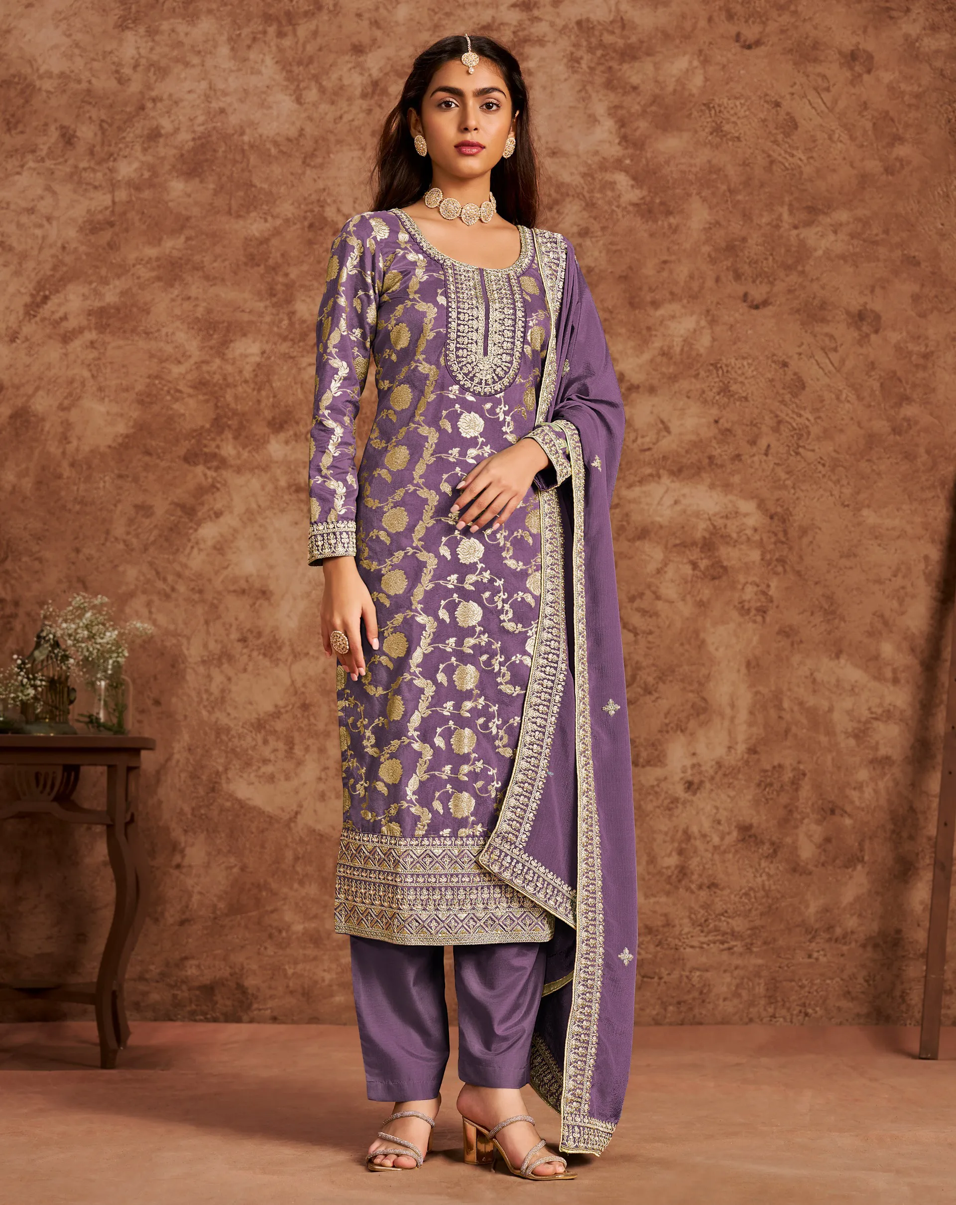 Purple Dola Jacquard Heavy Embroidered Unstitched Salwar Suit
