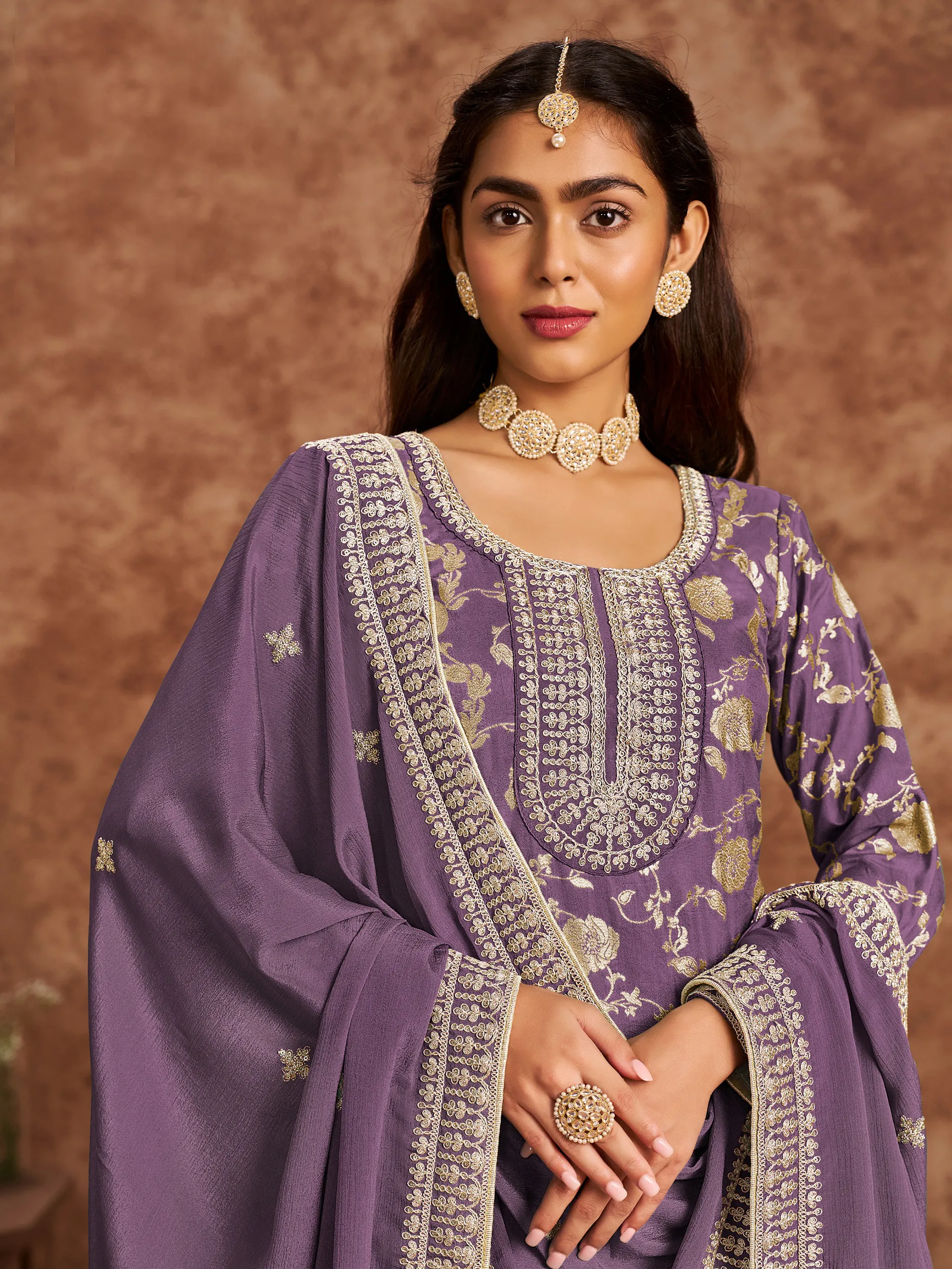 Purple Dola Jacquard Heavy Embroidered Unstitched Salwar Suit - Image 3