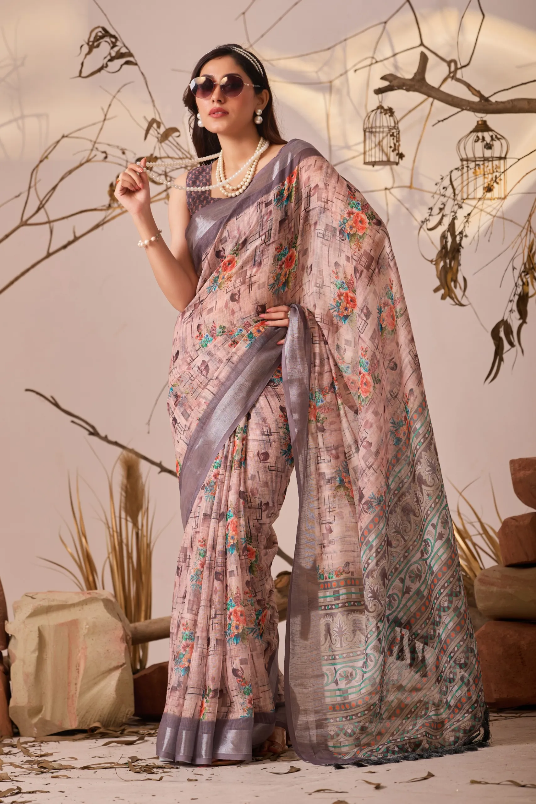 Peach Premium Linen Cotton Printed Saree - Image 3
