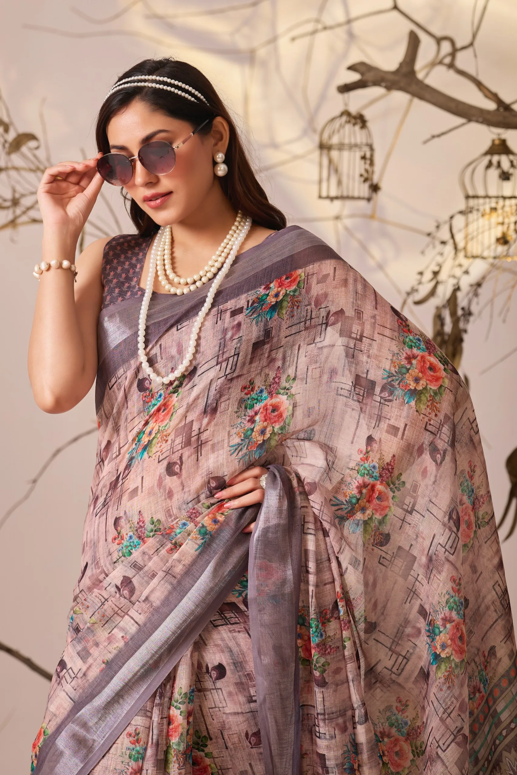Peach Premium Linen Cotton Printed Saree - Image 4