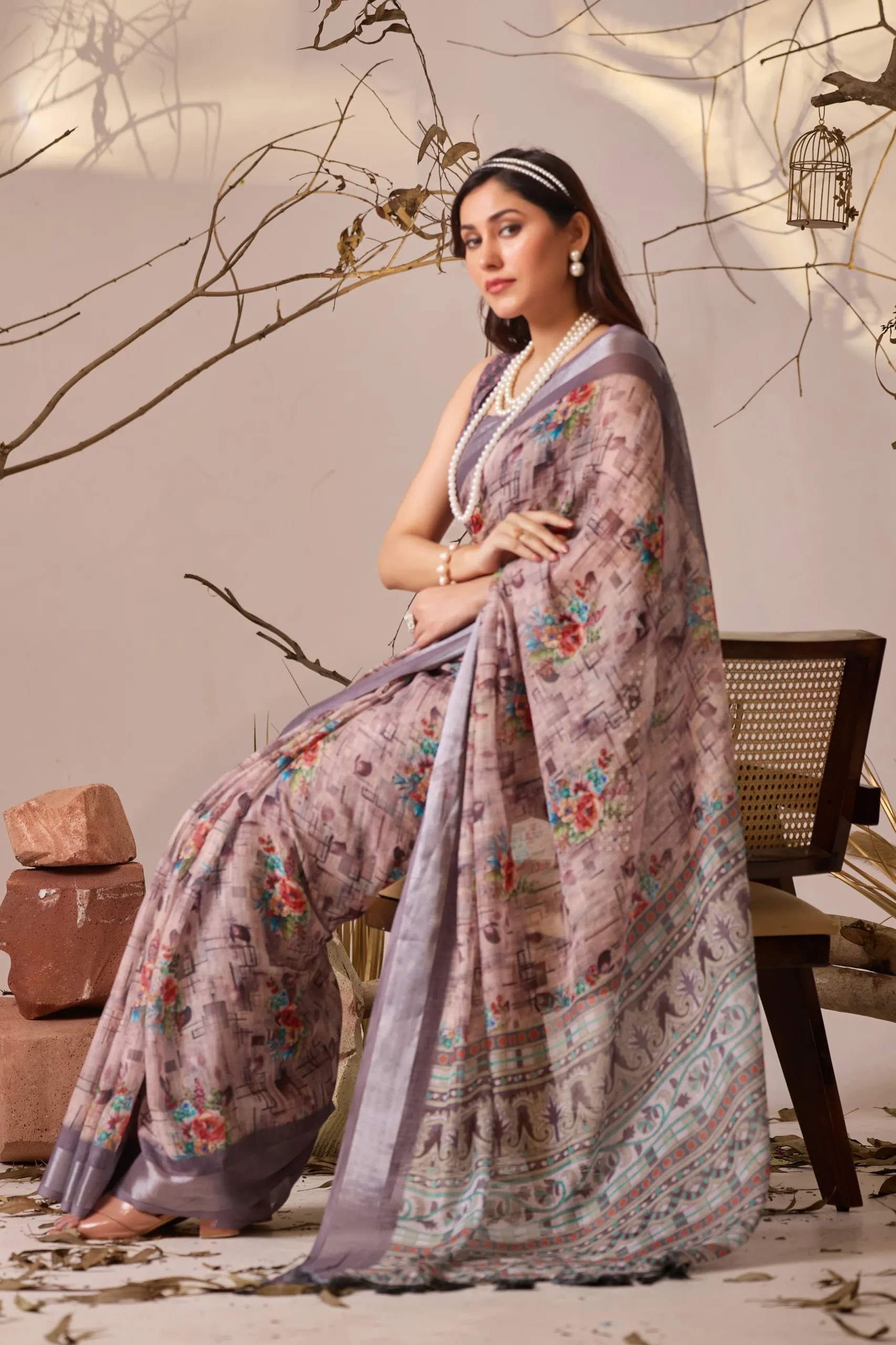 Peach Premium Linen Cotton Printed Saree - Image 5