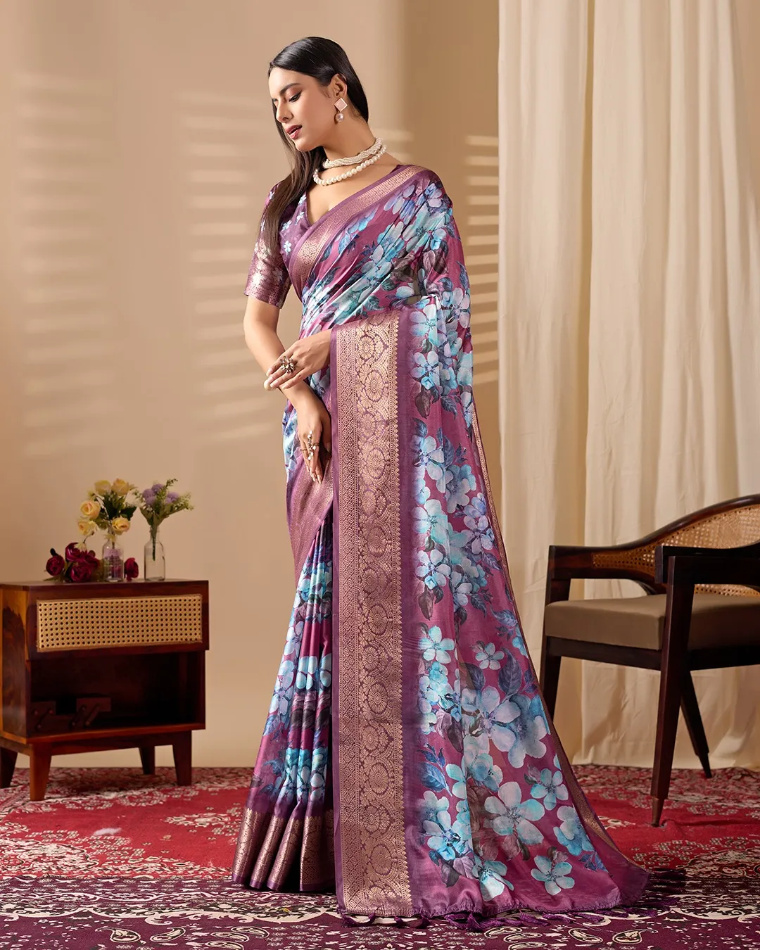 Wine Soft Lichi Silk Printed Saree