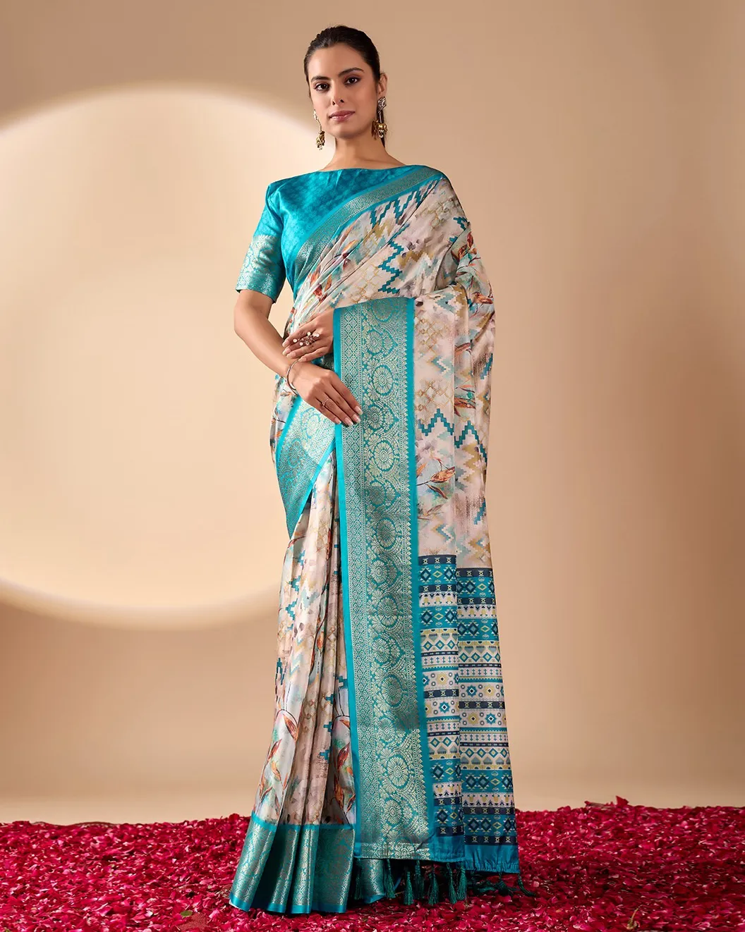 Cream Soft Lichi Silk Digital Printed Saree