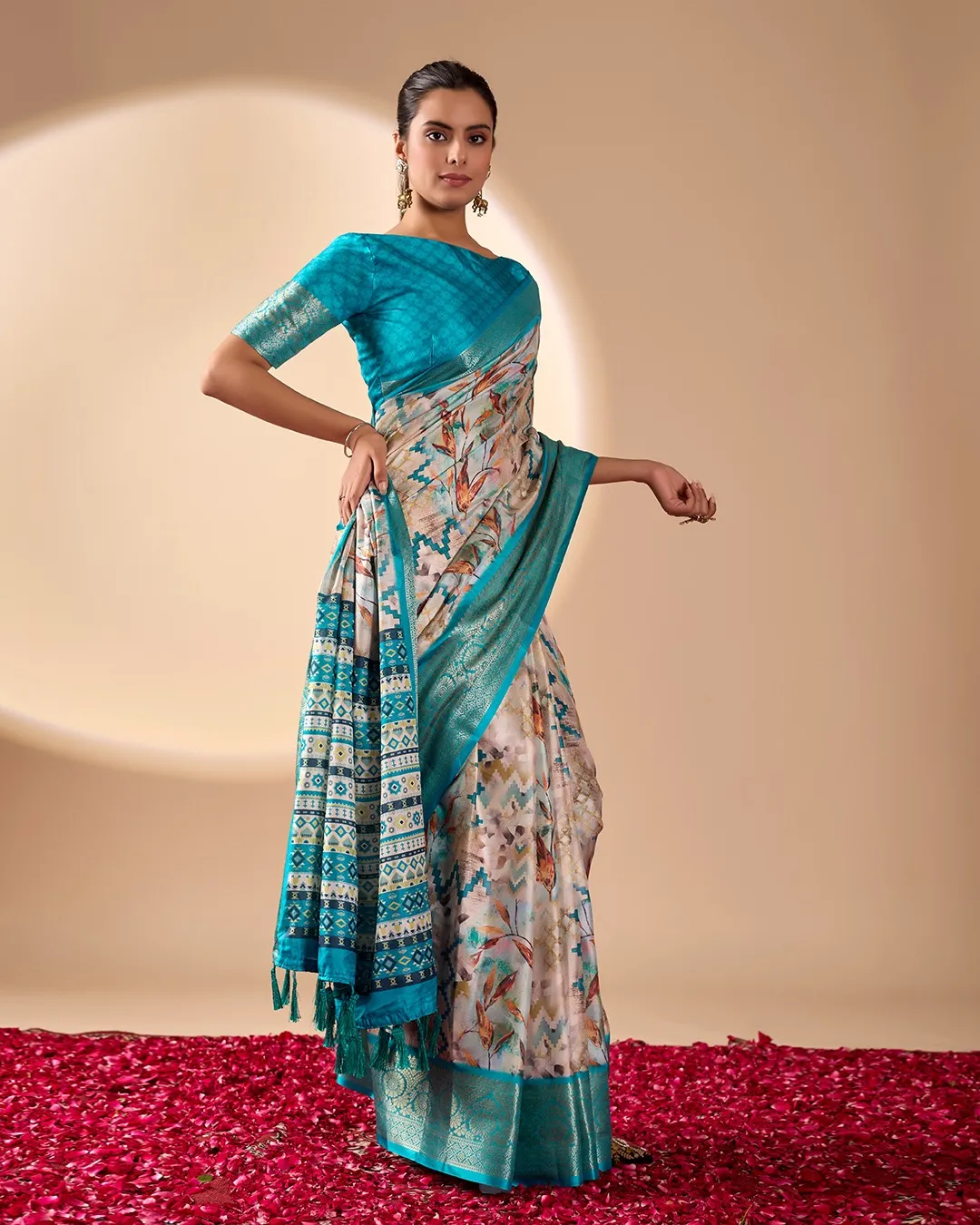 Cream Soft Lichi Silk Digital Printed Saree - Image 3
