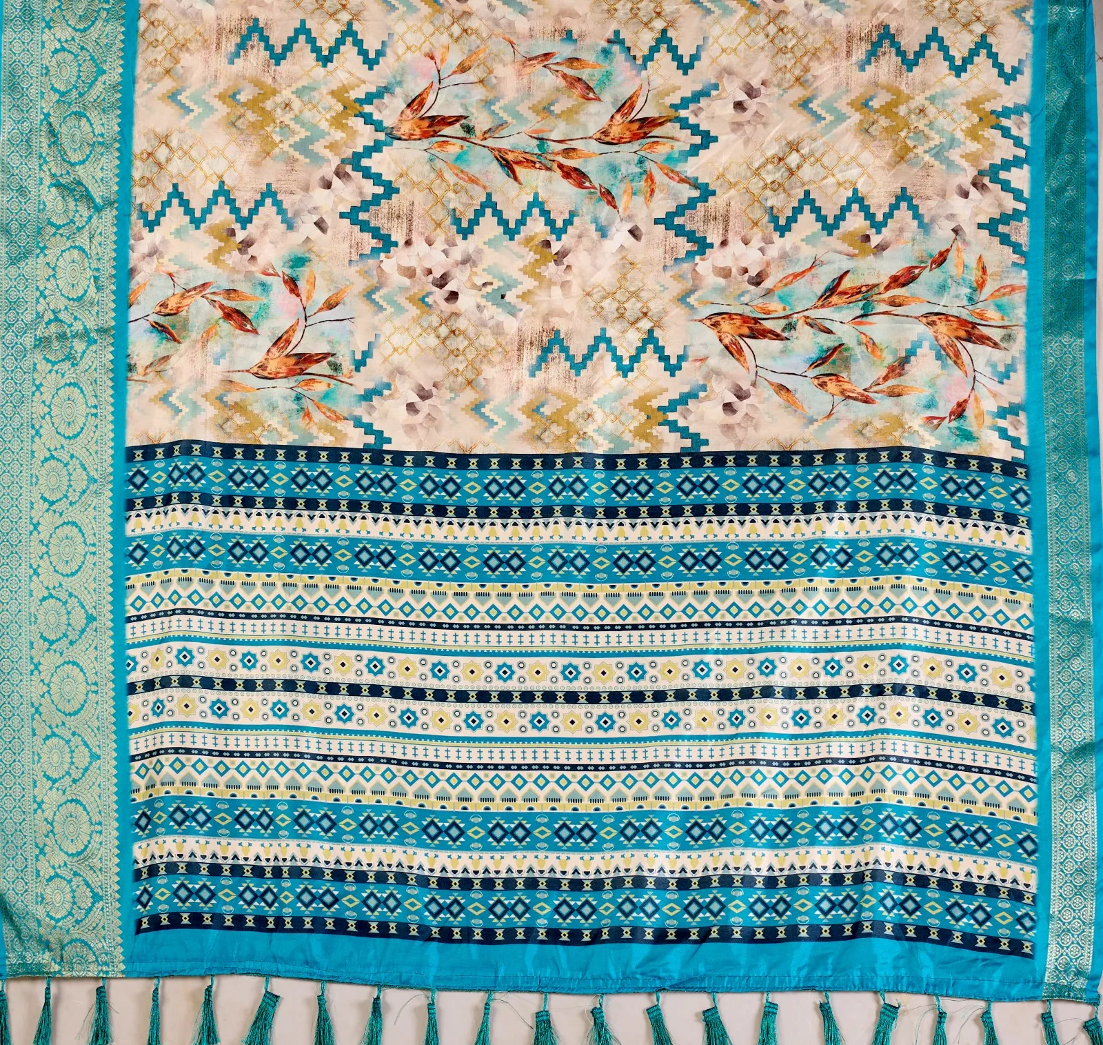 Cream Soft Lichi Silk Digital Printed Saree - Image 6