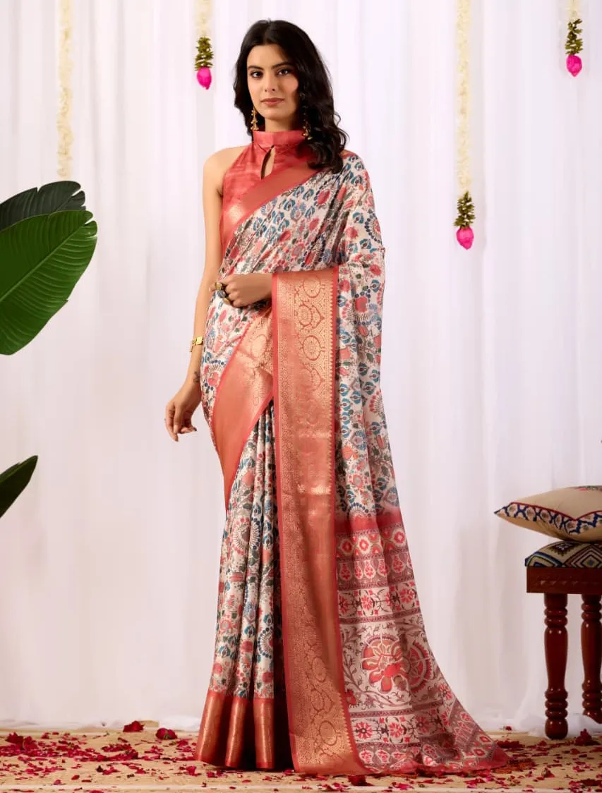 Off White Soft Lichi Silk Digital Printed Saree
