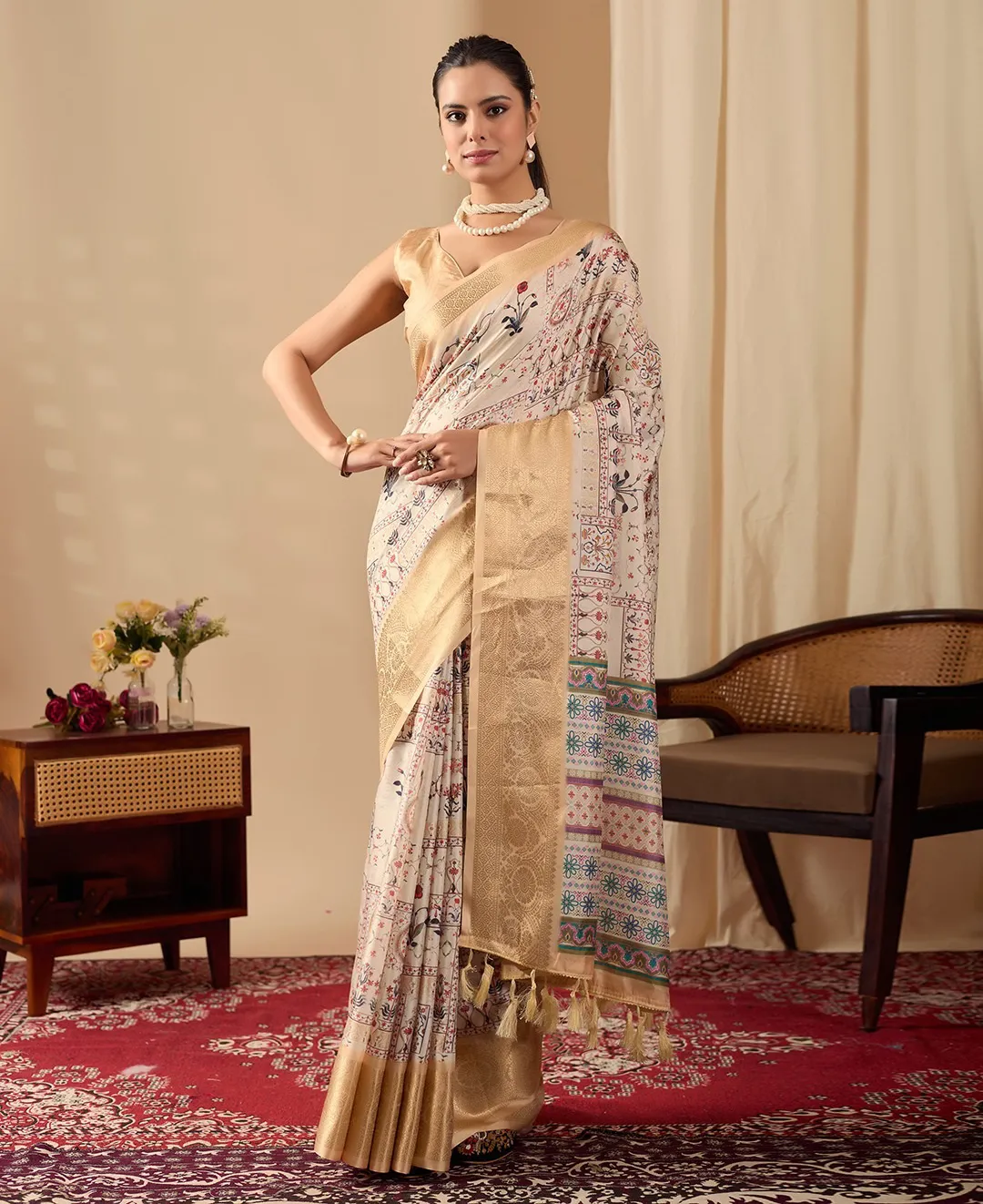 Cream Soft Lichi Silk Digital Printed Saree With Tassels