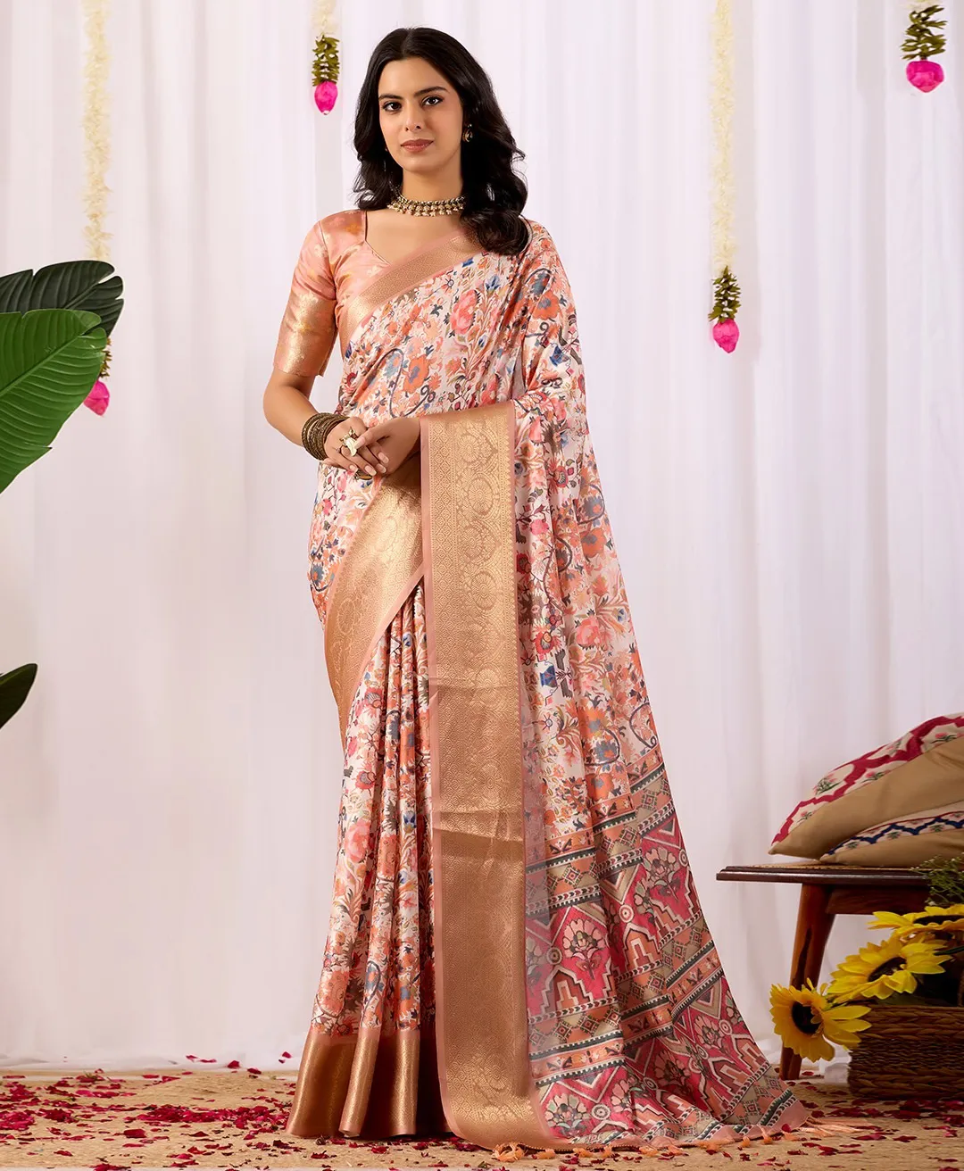 White and Peach Soft Lichi Silk Digital Printed Saree