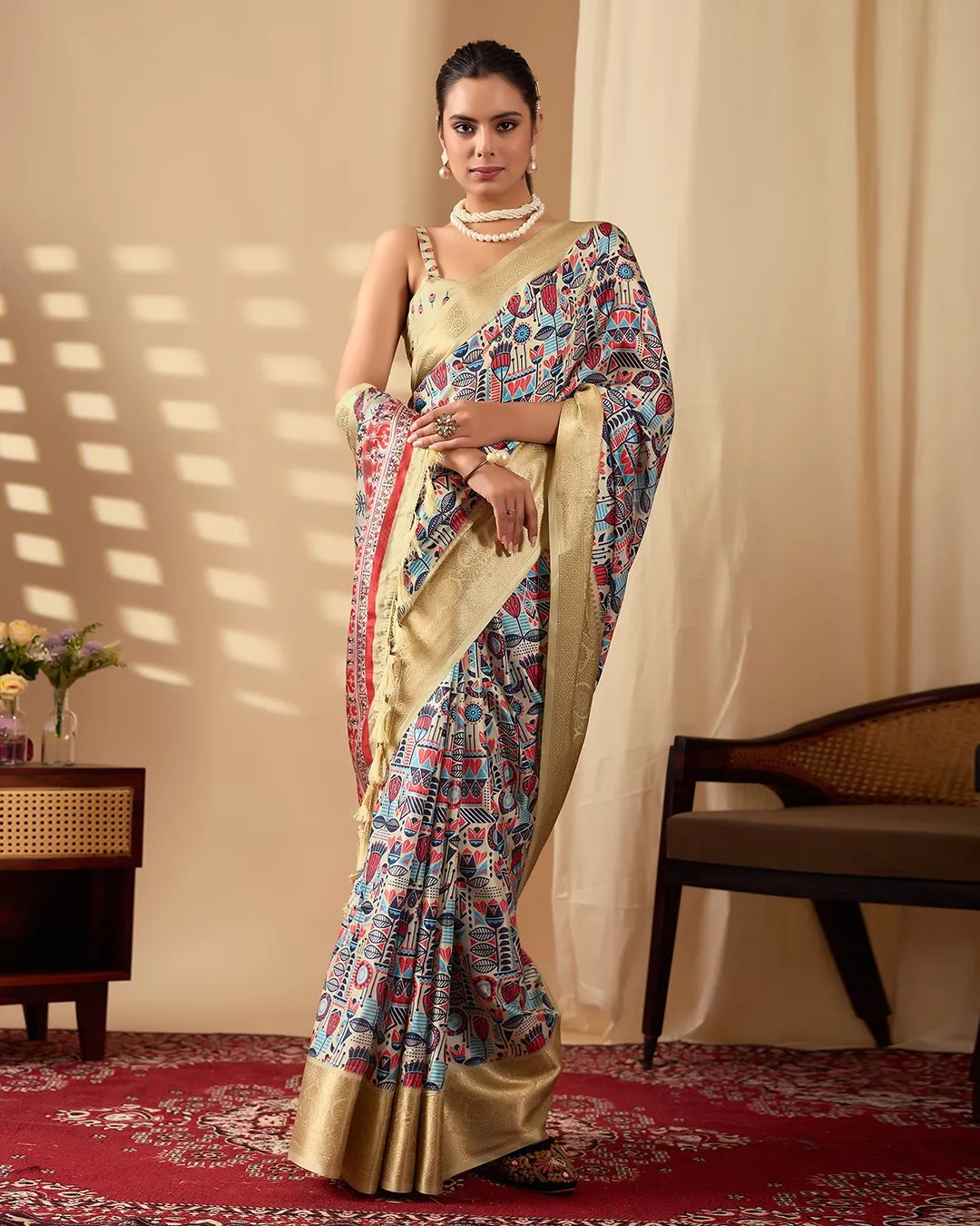 Multicolor Soft Lichi Silk Digital Printed Saree