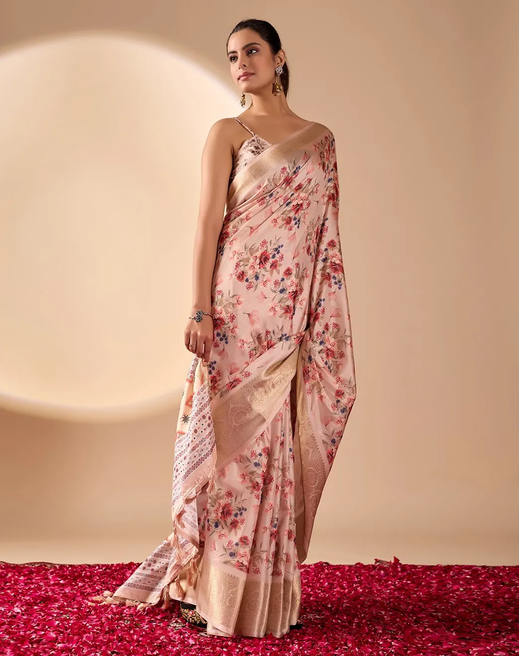 Peach Soft Lichi Silk Digital Printed Saree