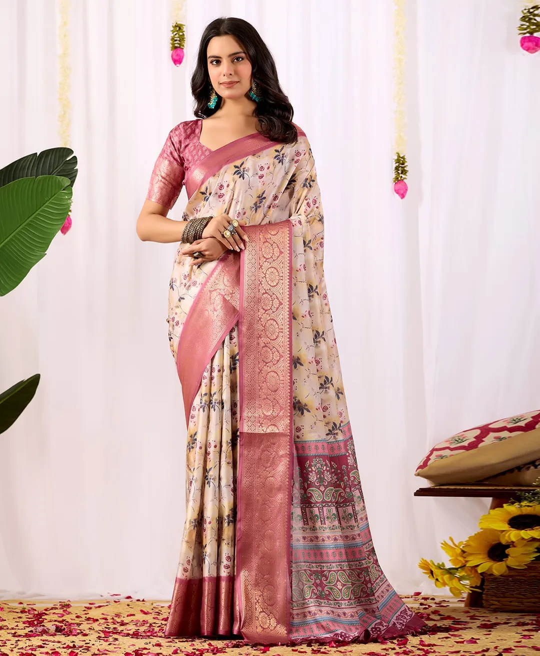 Cream Soft Lichi Silk Digital Printed Saree