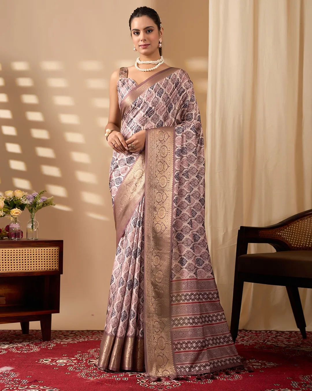 Light Pink Soft Lichi Silk Digital Printed Saree