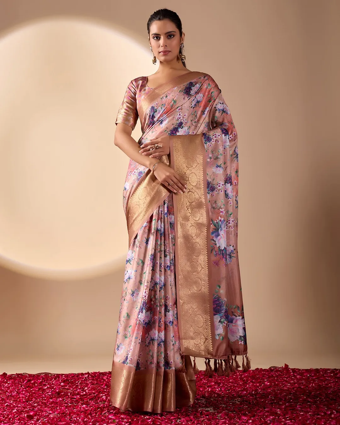 Orange Soft Lichi Silk Digital Printed Saree