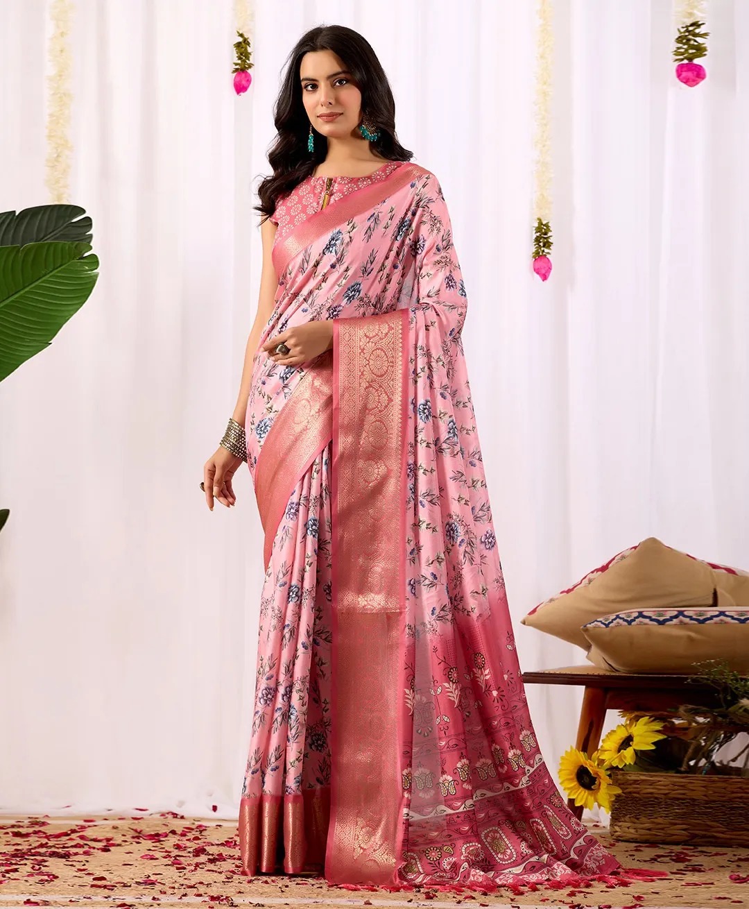 Pink Soft Lichi Silk Digital Printed Saree