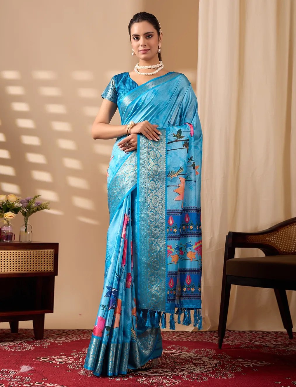 Sky Blue Soft Lichi Silk Digital Printed Saree