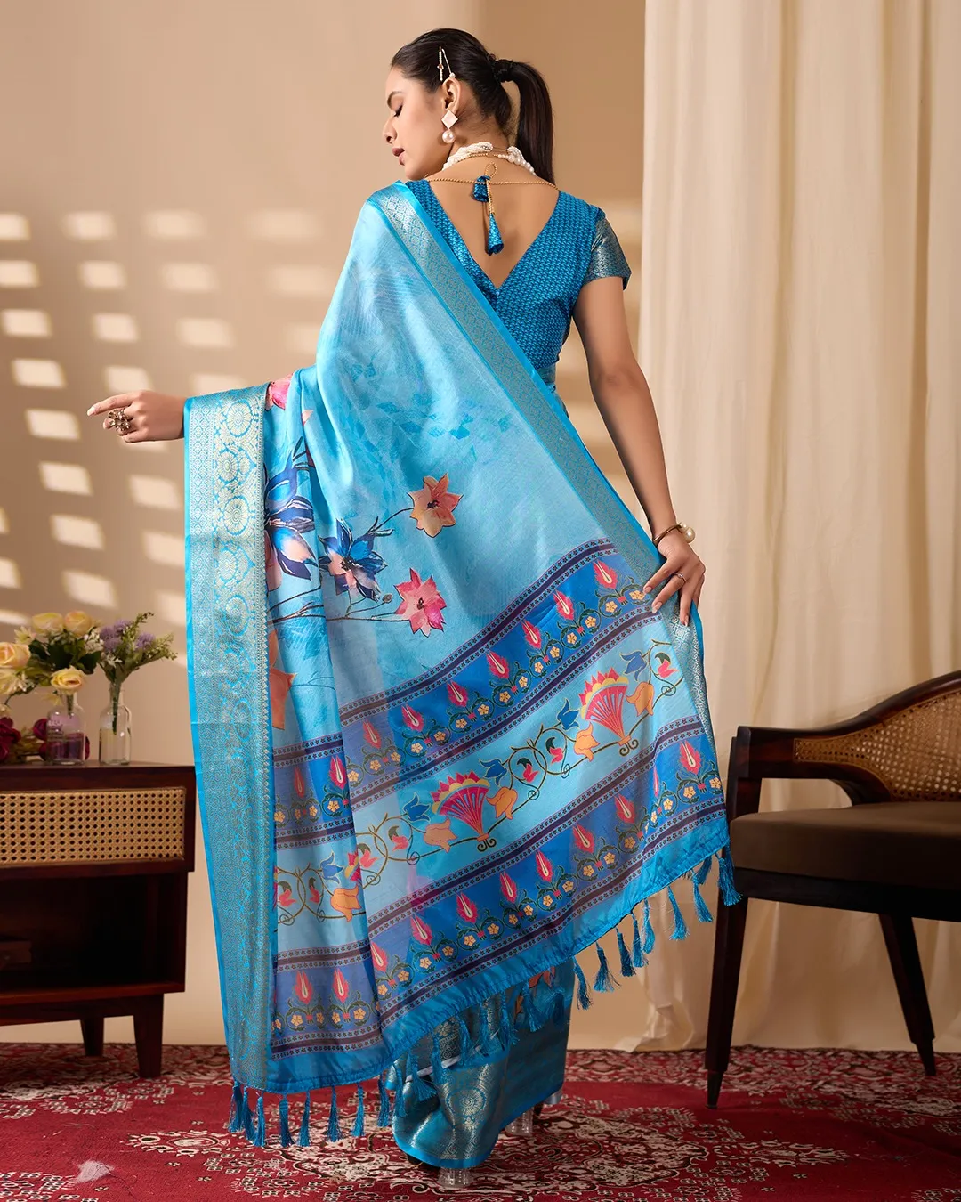 Sky Blue Soft Lichi Silk Digital Printed Saree - Image 2