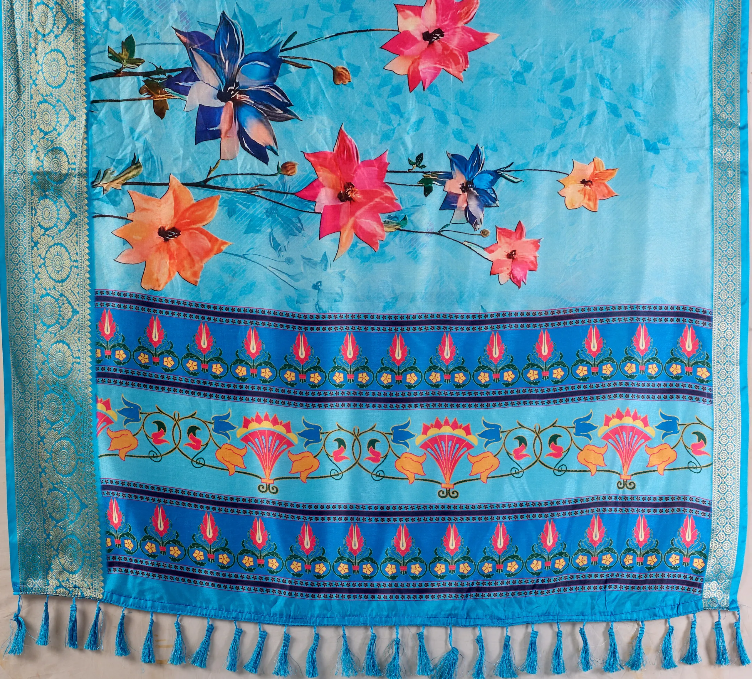 Sky Blue Soft Lichi Silk Digital Printed Saree - Image 4