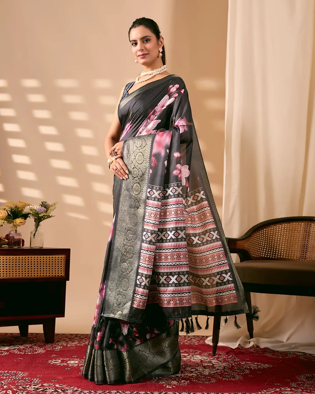 Black Soft Lichi Silk Digital Printed Saree - Image 2