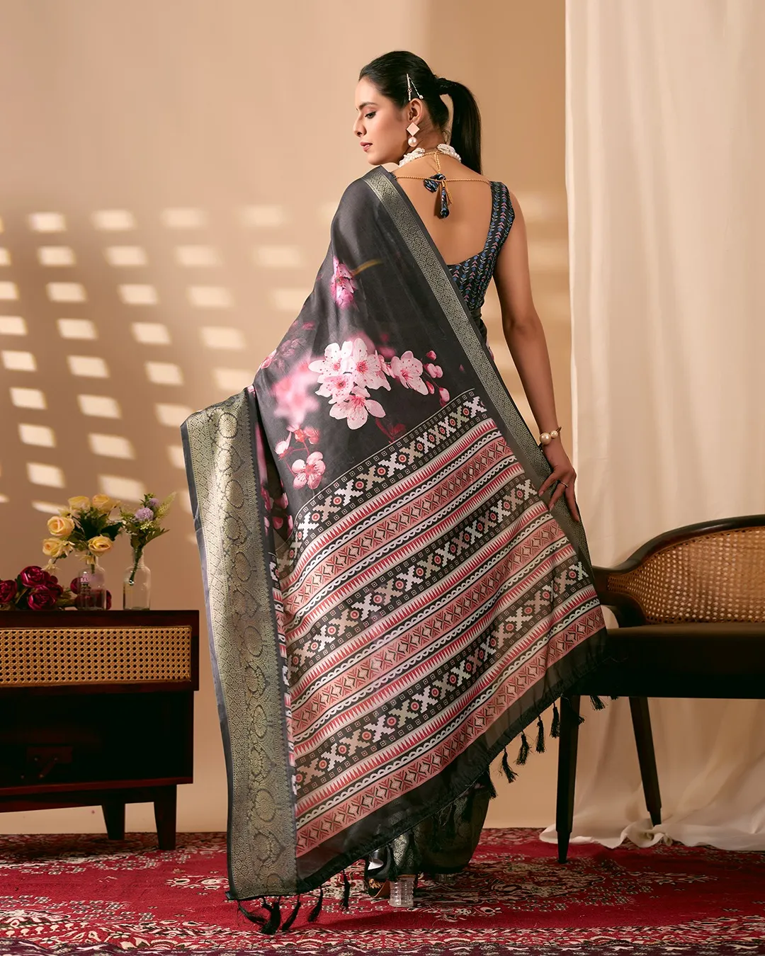 Black Soft Lichi Silk Digital Printed Saree - Image 3