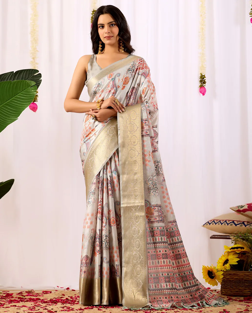 Off White Soft Lichi Silk Digital Printed Saree
