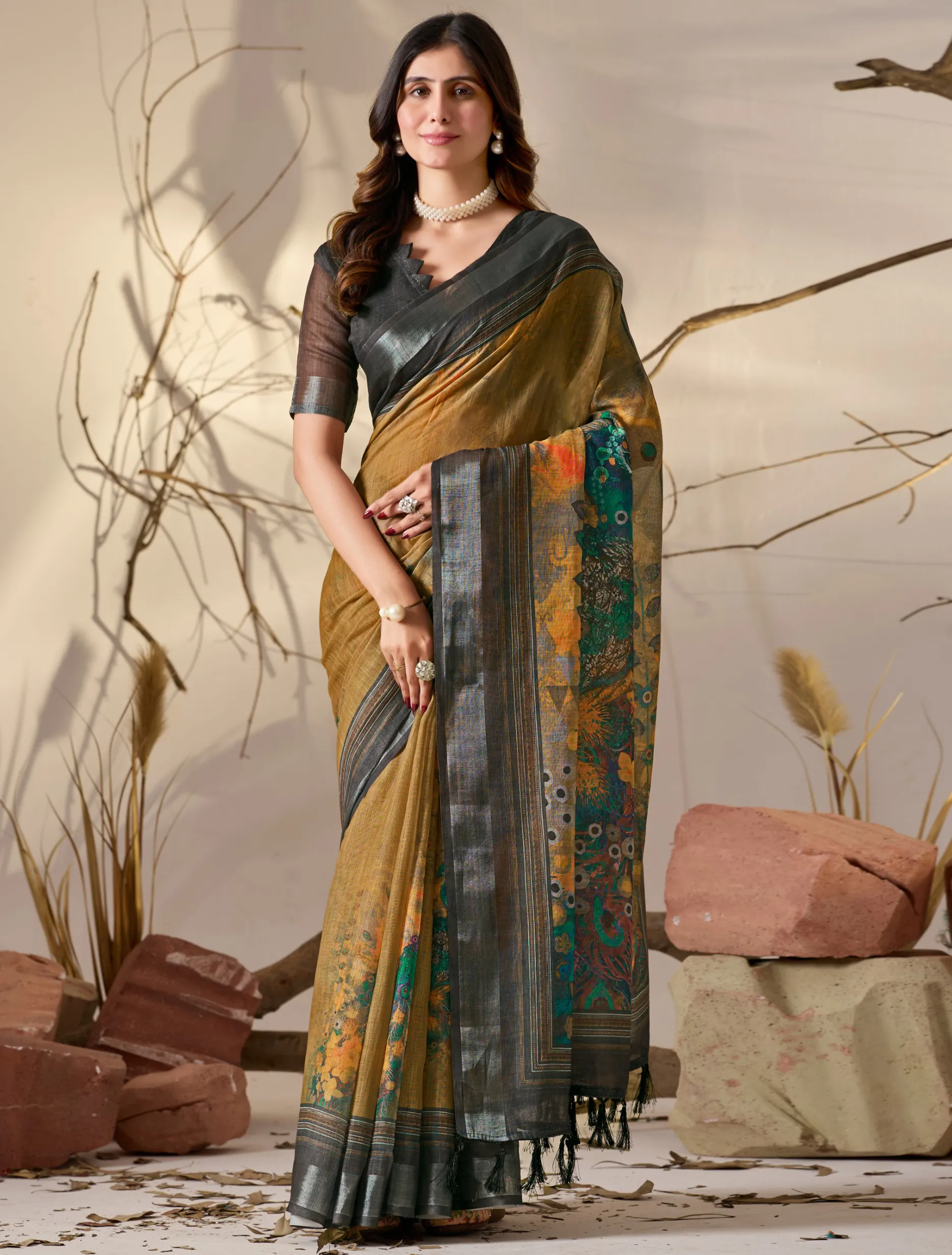 Mustard Premium Linen Cotton Floral Digital Printed Saree