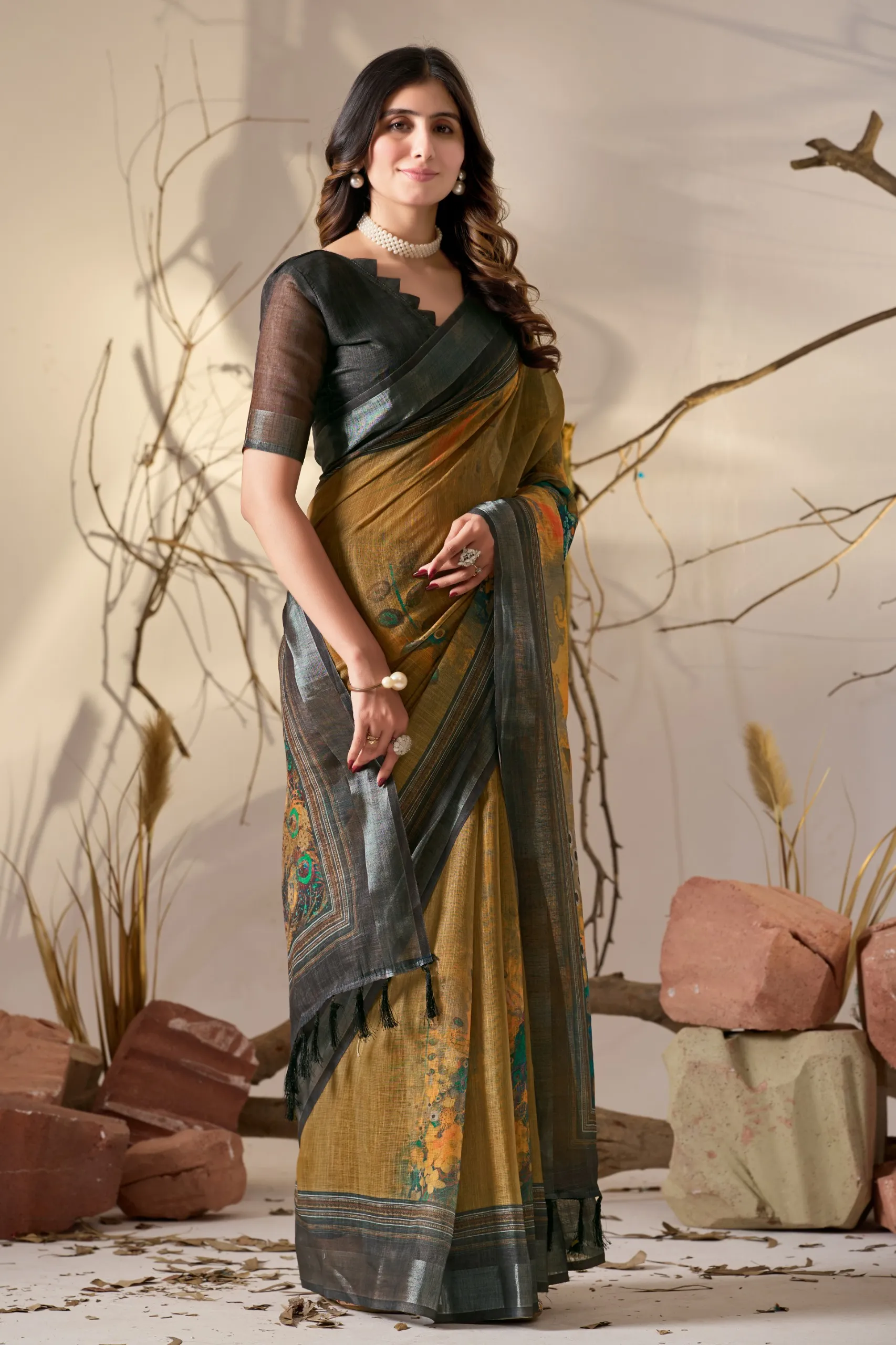 Mustard Premium Linen Cotton Floral Digital Printed Saree - Image 2