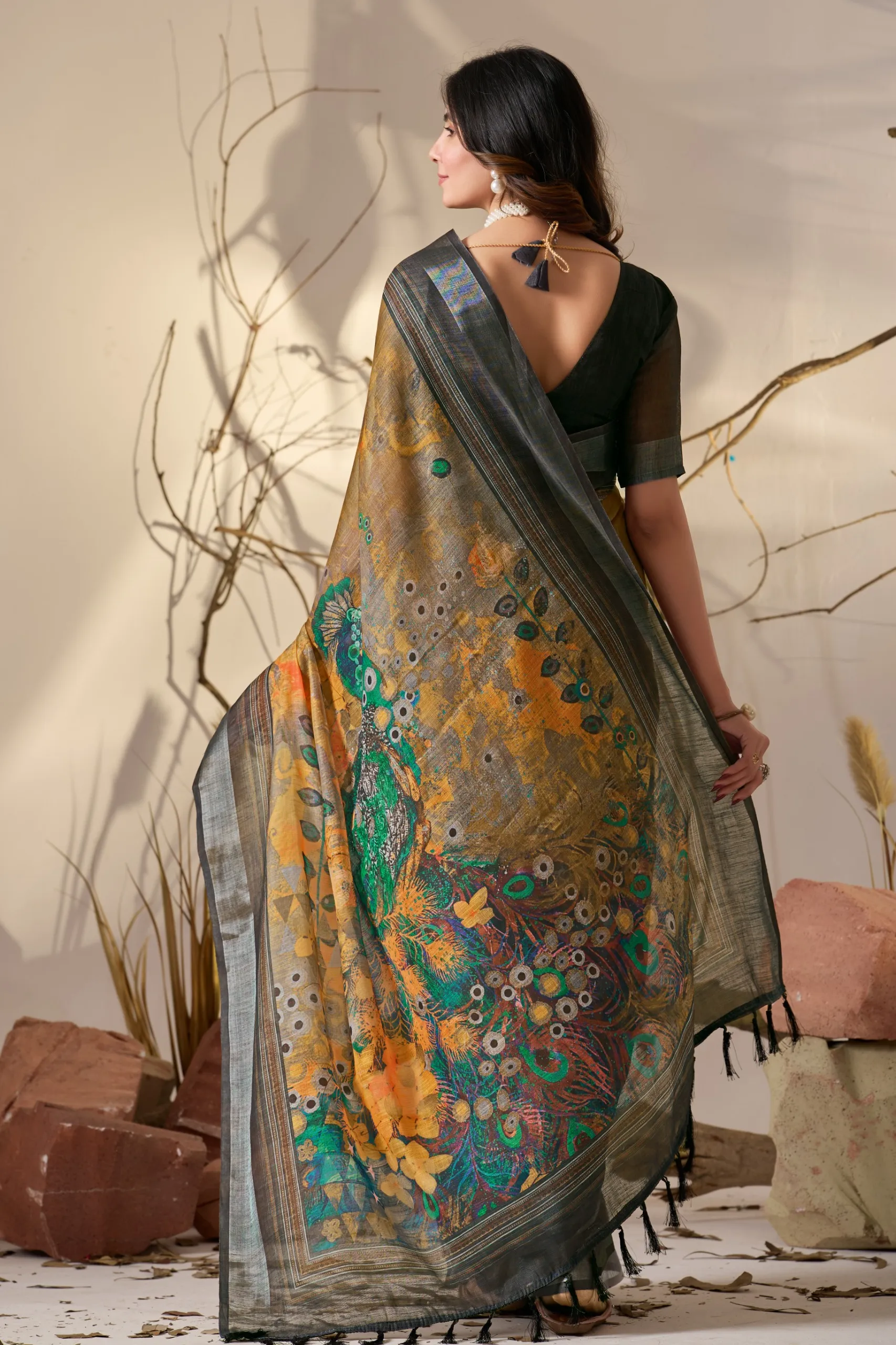 Mustard Premium Linen Cotton Floral Digital Printed Saree - Image 3