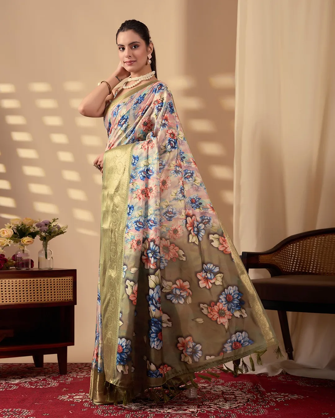 Beige Soft Lichi Silk Digital Printed Saree - Image 2