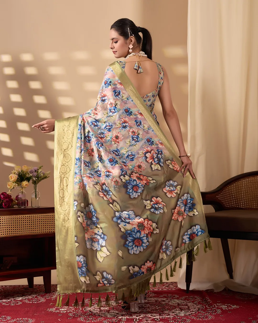 Beige Soft Lichi Silk Digital Printed Saree - Image 3