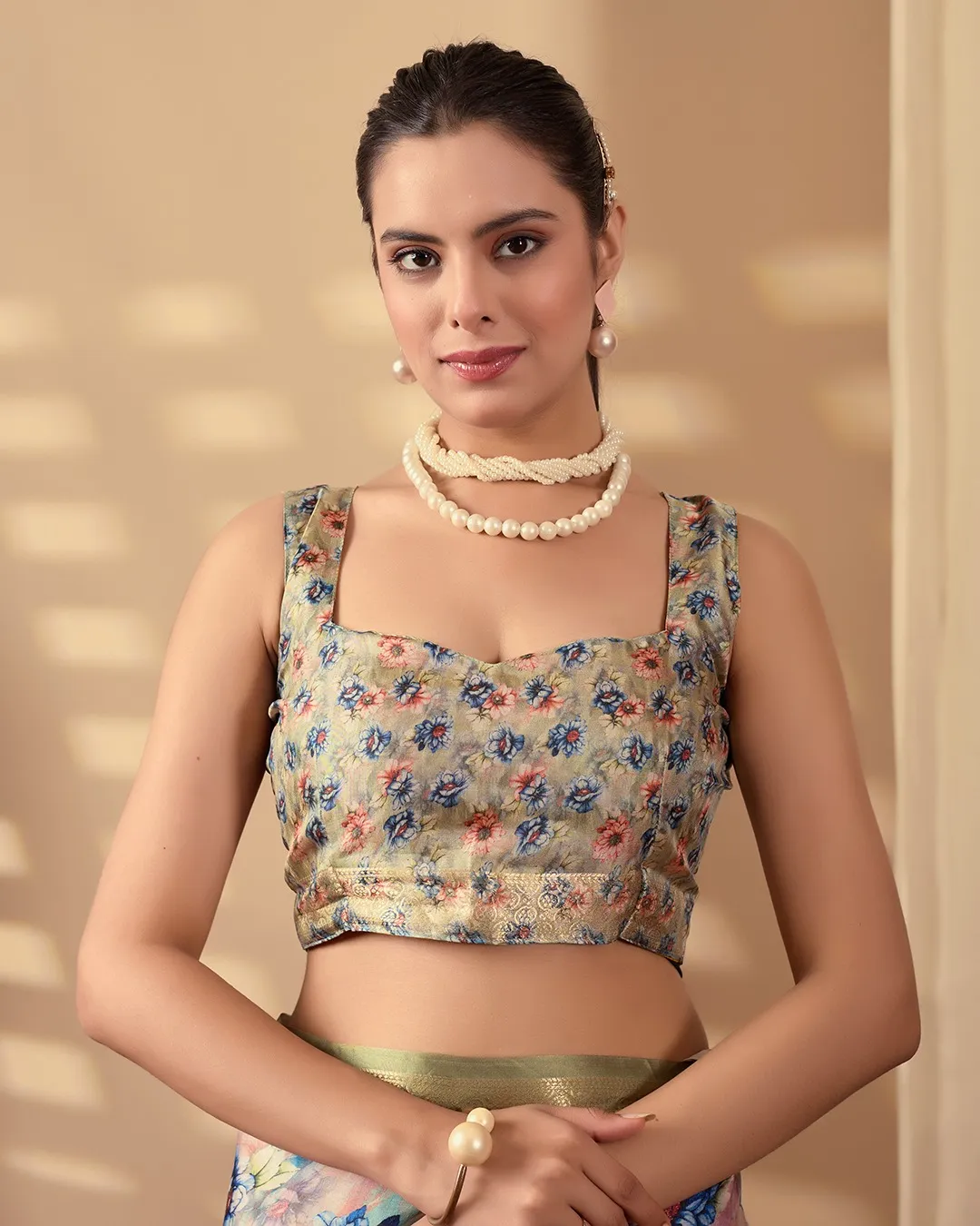 Beige Soft Lichi Silk Digital Printed Saree - Image 4