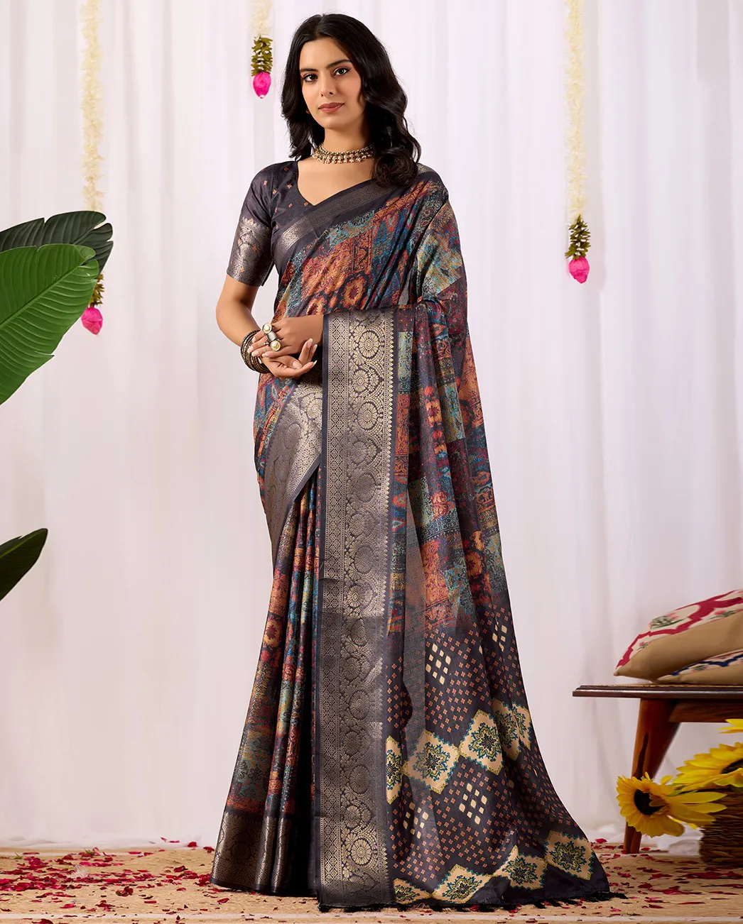 Multicolor Soft Lichi Silk Digital Printed Saree