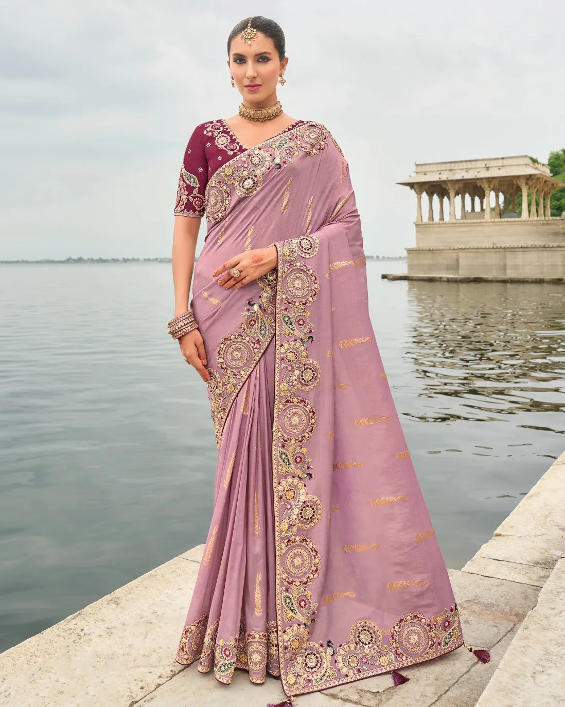 Pink Silk Designer Zari Butti Embroidered Bridal Saree