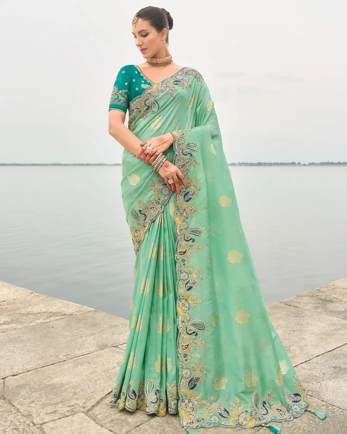 Mint Green Silk Designer Zari Butti Embroidered Bridal Saree