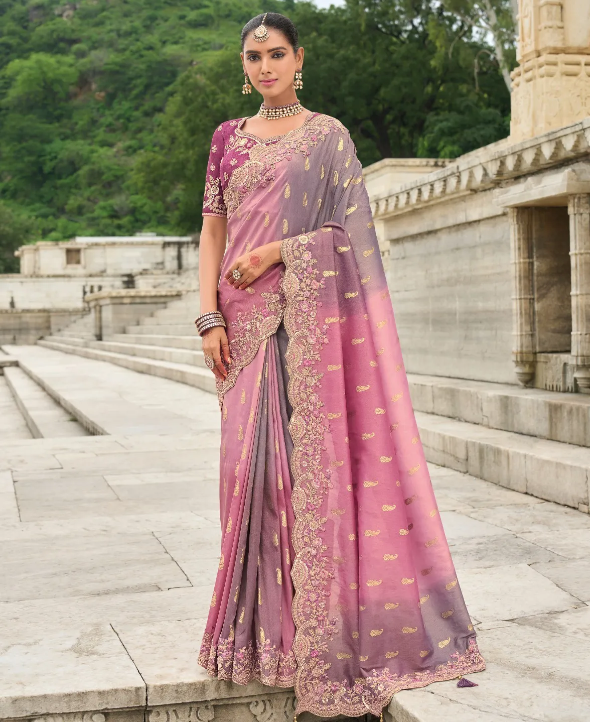 Pink And Grey Silk Designer Zari Butti Embroidered Bridal Saree