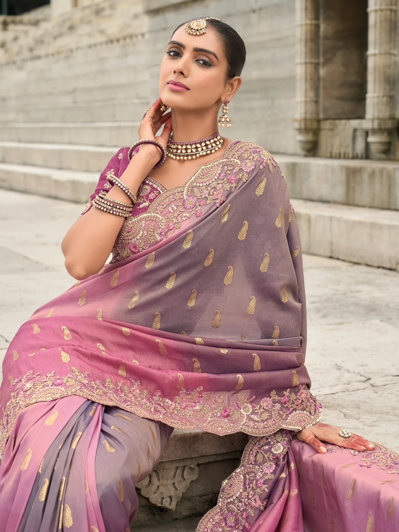 Pink And Grey Silk Designer Zari Butti Embroidered Bridal Saree - Image 2