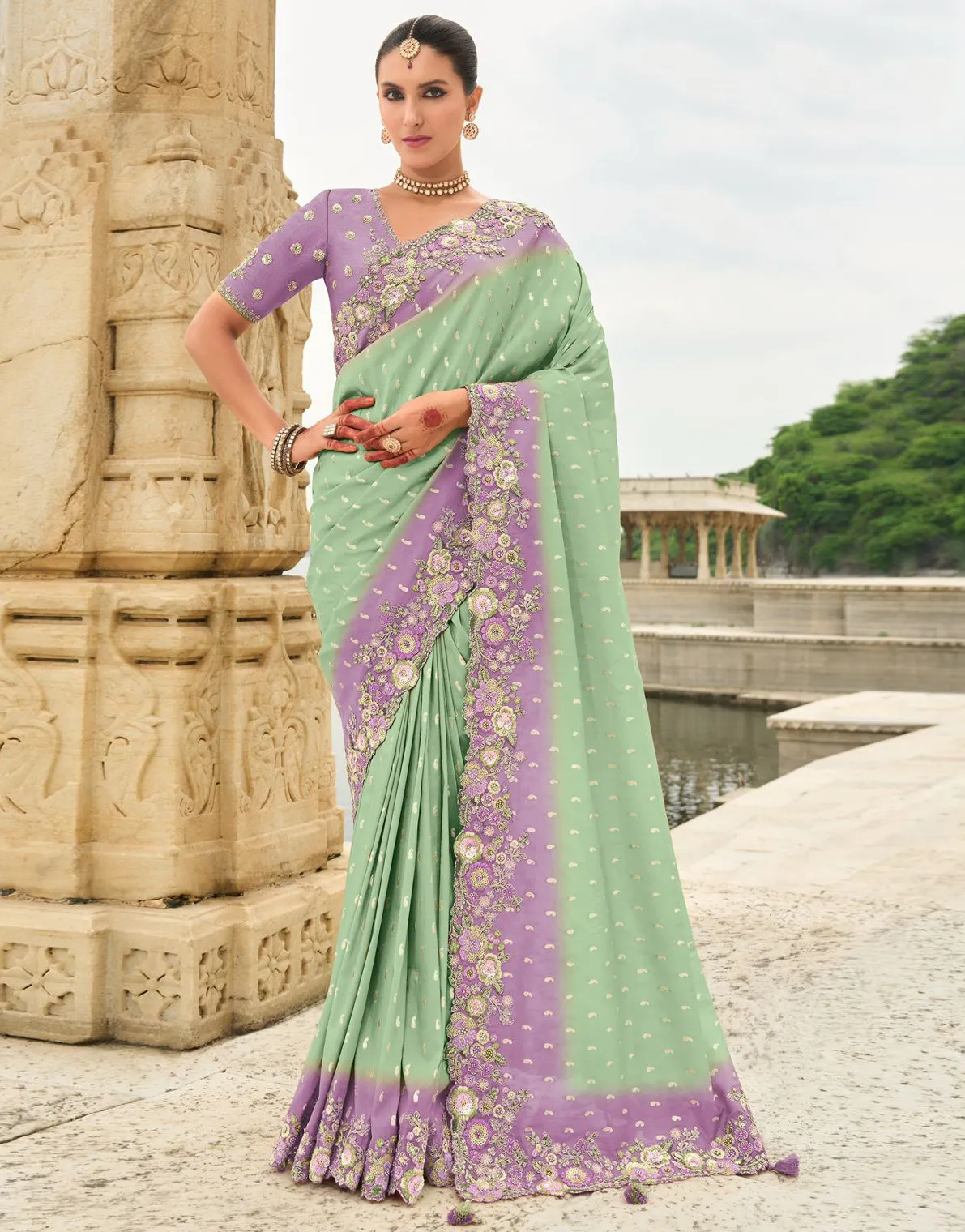 Mint Green Silk Designer Zari Butti Embroidered Bridal Saree