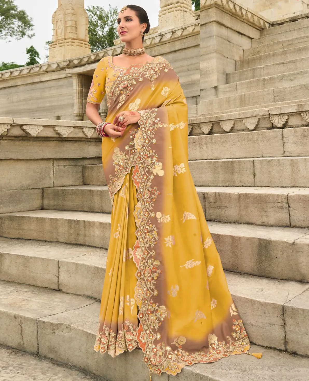 Mustard Silk Designer Zari Butti Embroidered Bridal Saree
