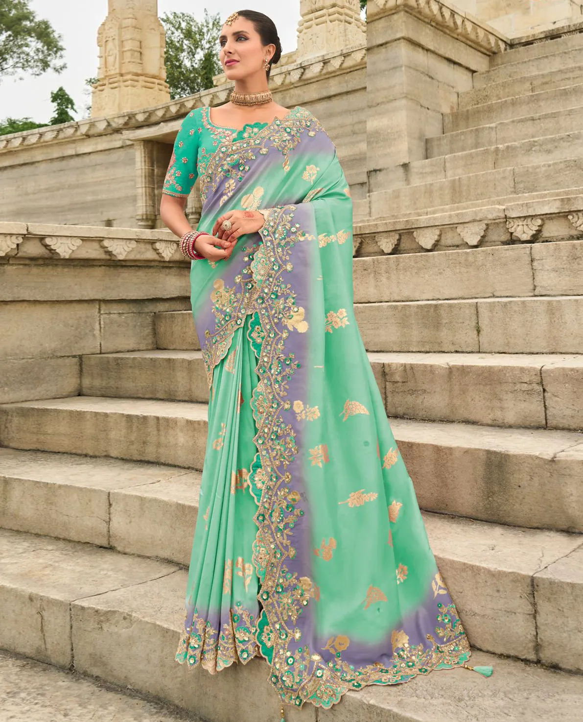 Sea Green Silk Designer Zari Butti Embroidered Bridal Saree