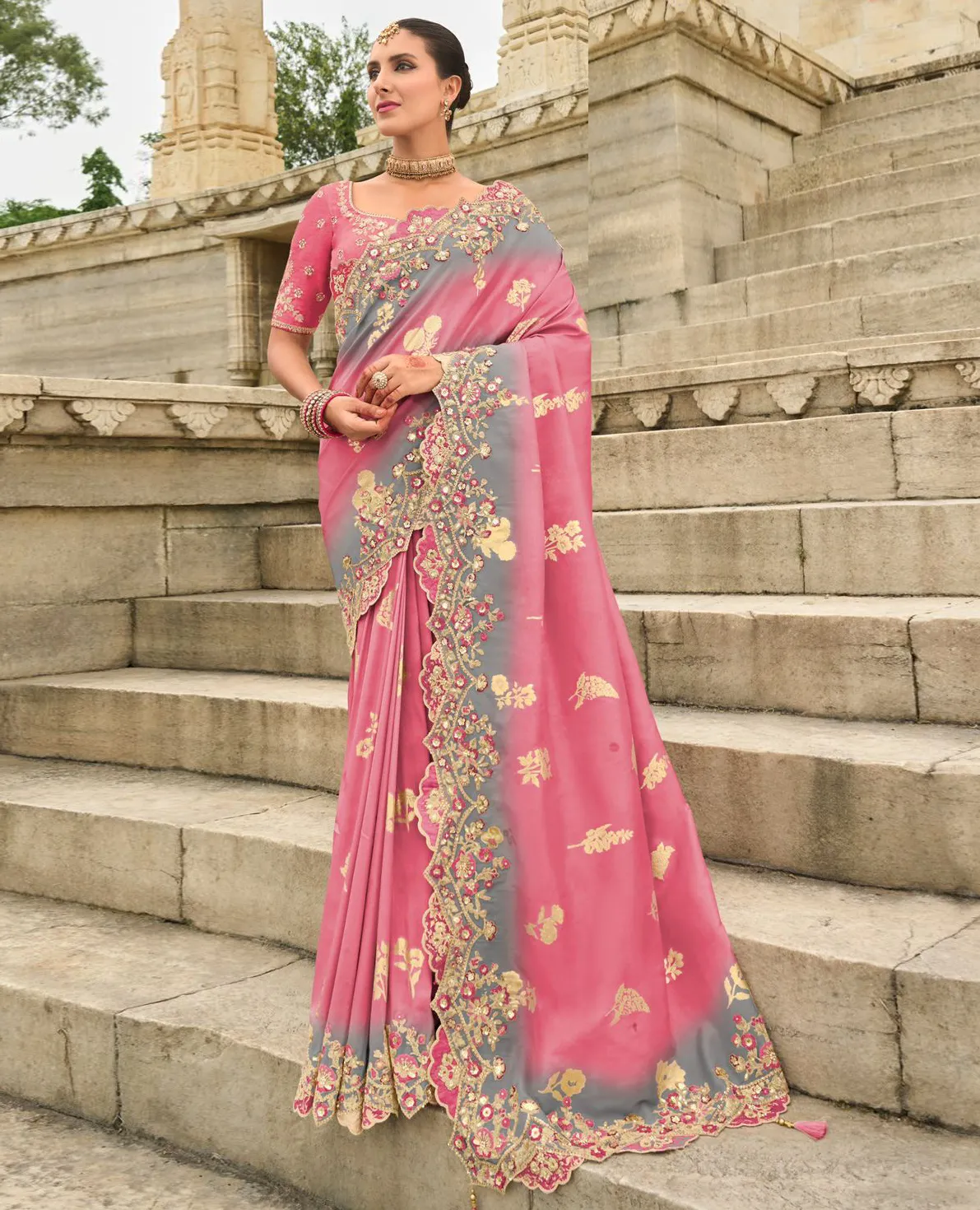 Hot Pink Silk Designer Zari Butti Embroidered Bridal Saree