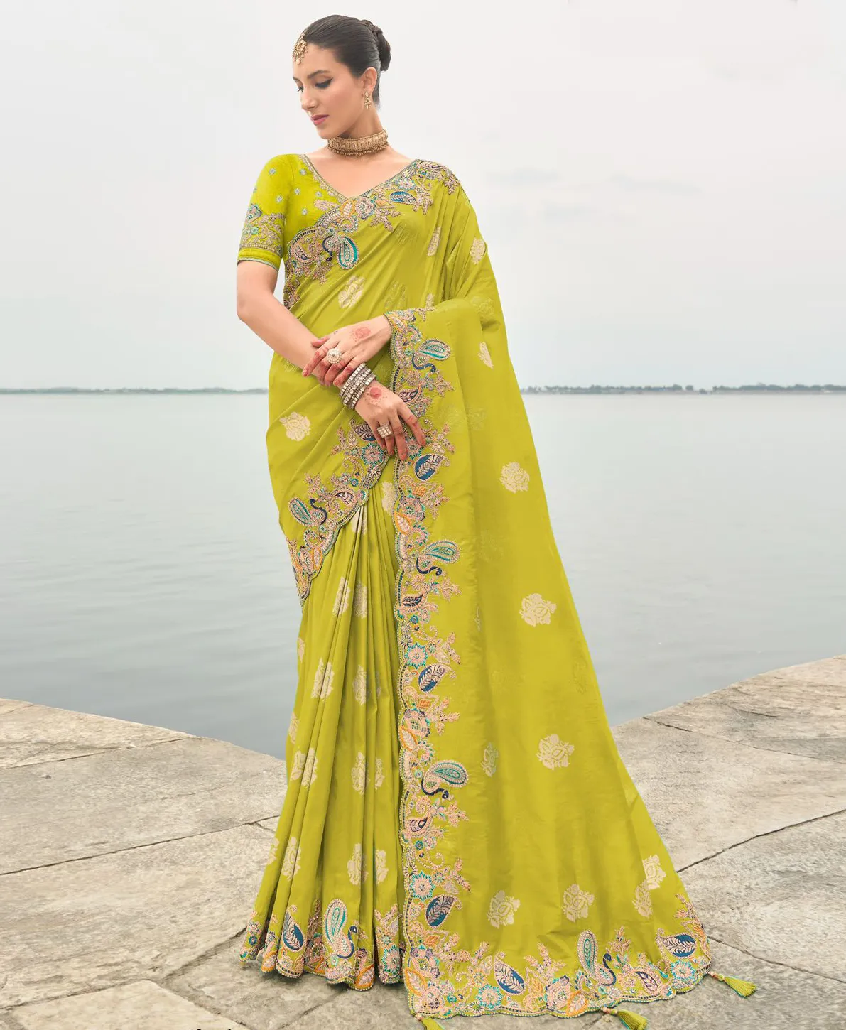 Lime Green Silk Designer Zari Butti Embroidered Bridal Saree