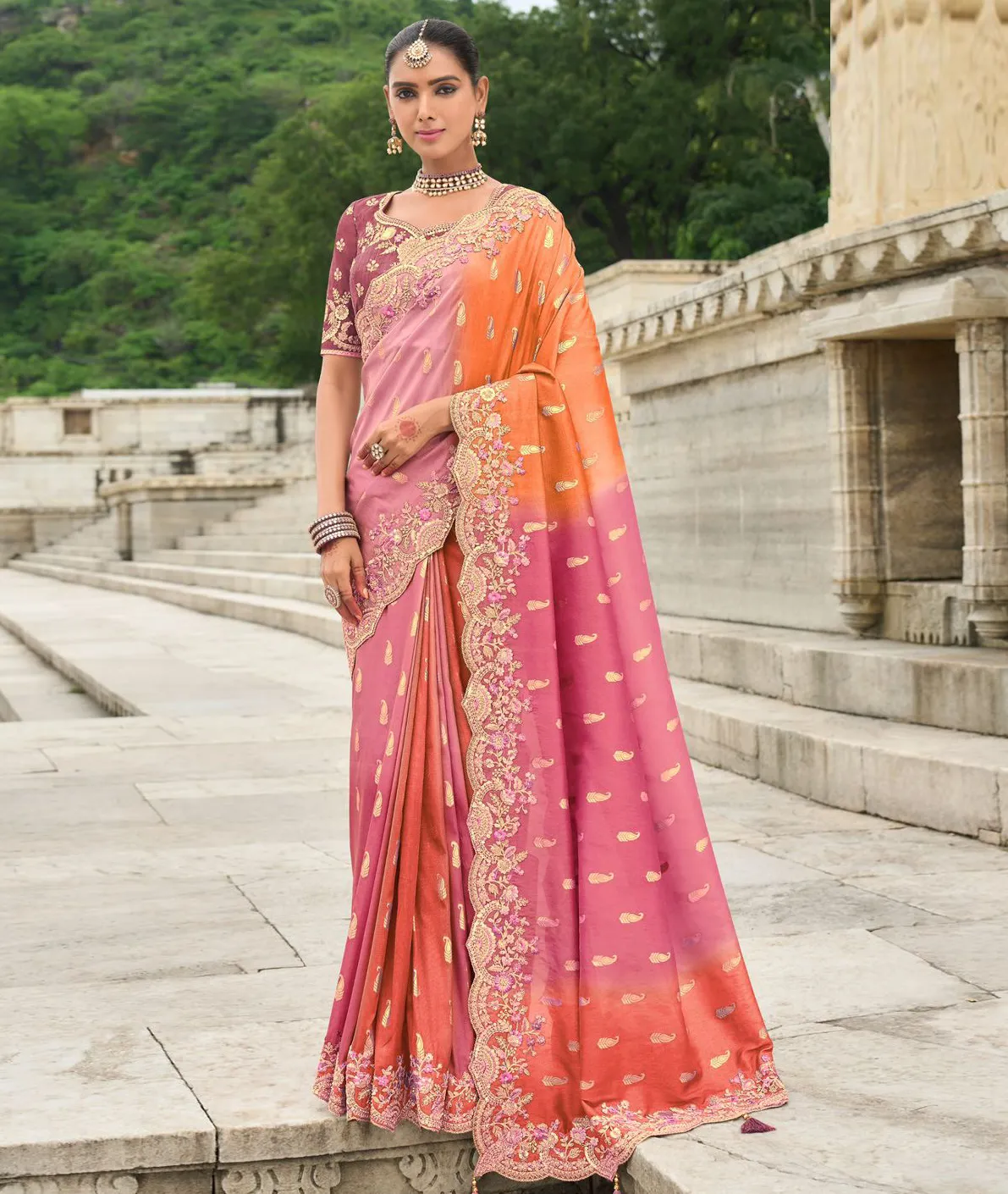 Orange And Pink Silk Designer Zari Butti Embroidered Bridal Saree