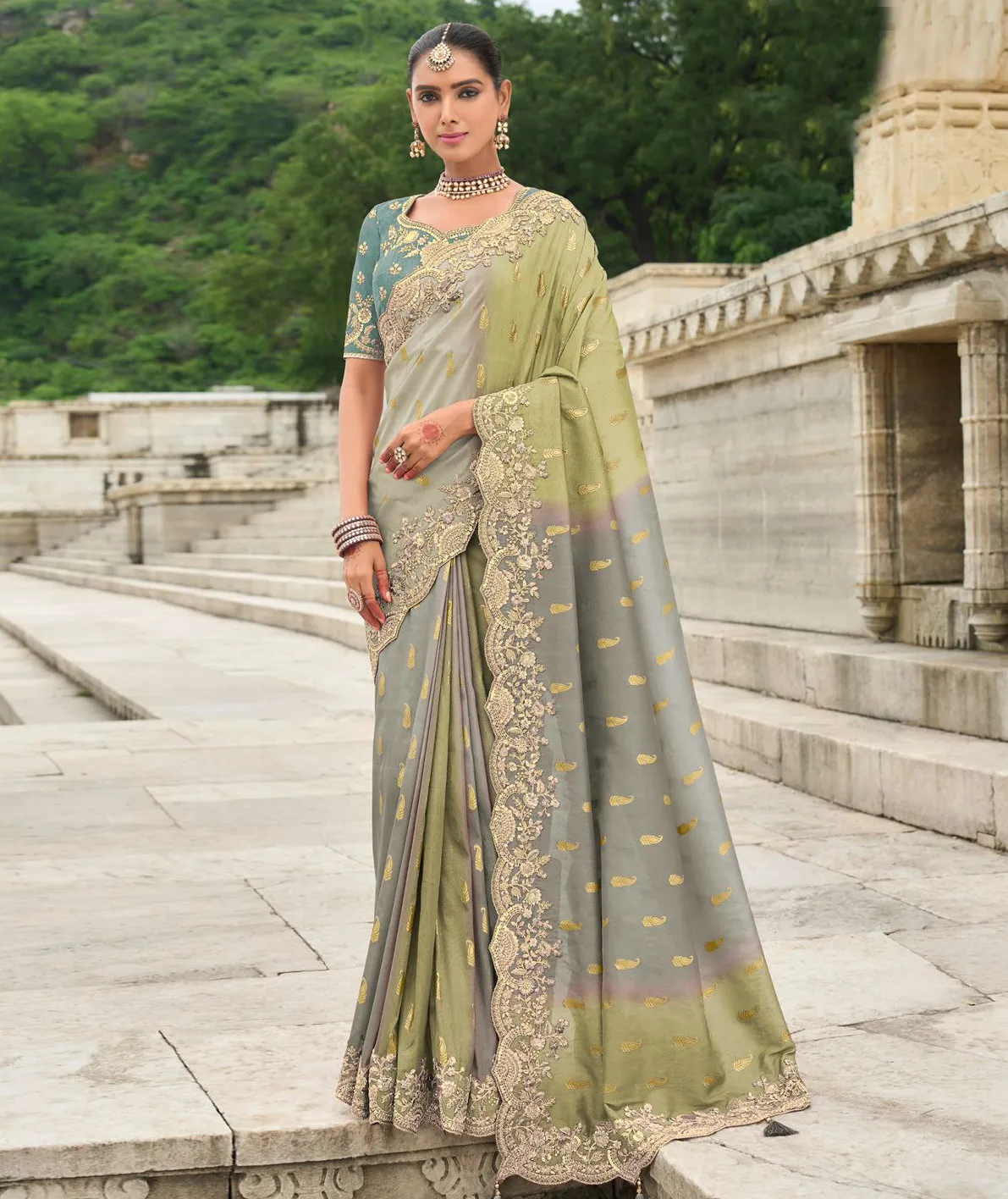 Grey Silk Designer Zari Butti Embroidered Bridal Saree