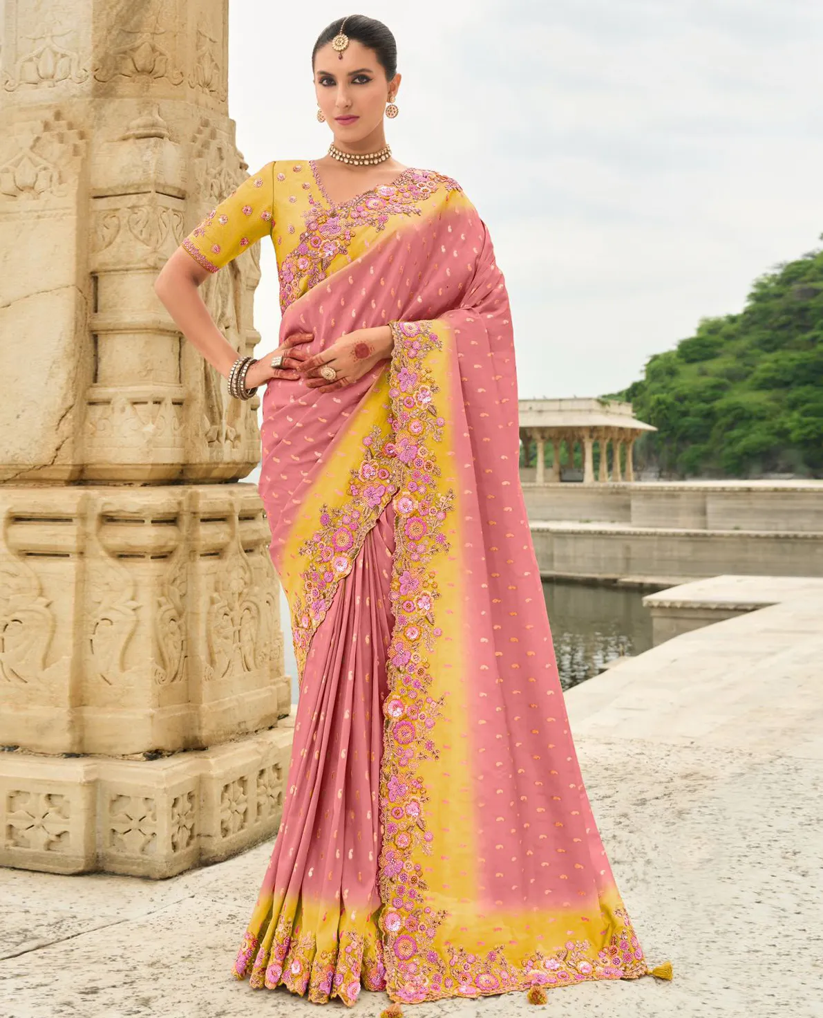 Pink And Yellow Silk Designer Zari Butti Embroidered Bridal Saree