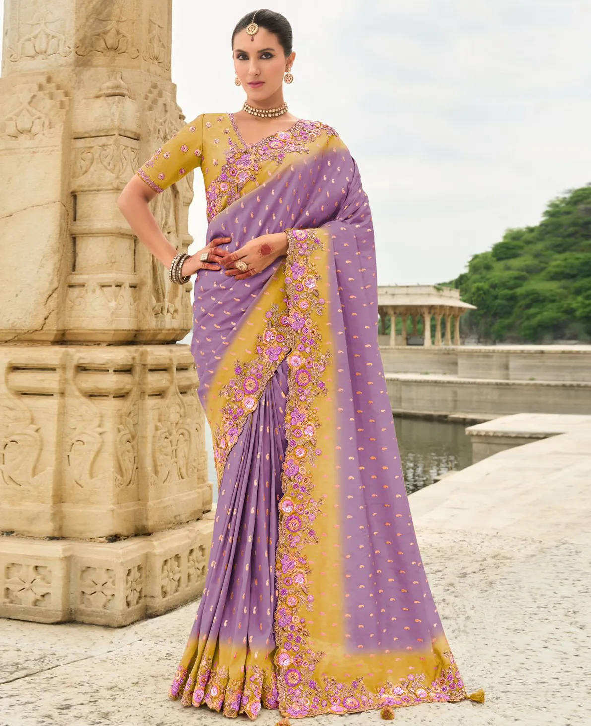 Purple Silk Designer Zari Butti Embroidered Bridal Saree