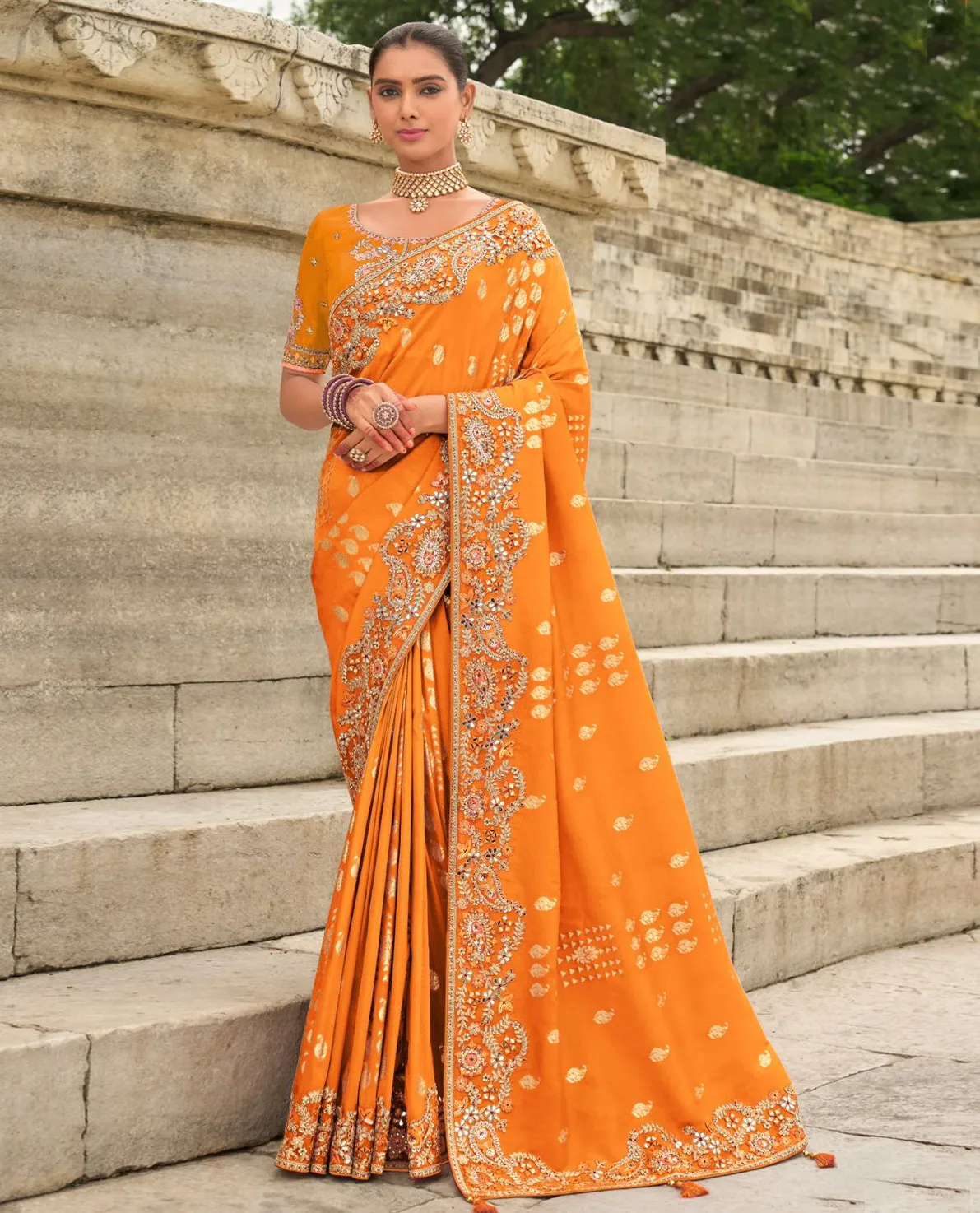 Orange Silk Designer Zari Butti Embroidered Bridal Saree
