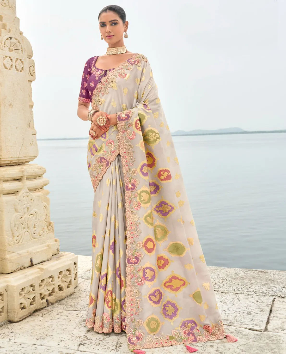 Off White Silk Designer Zari Butti Embroidered Bridal Saree